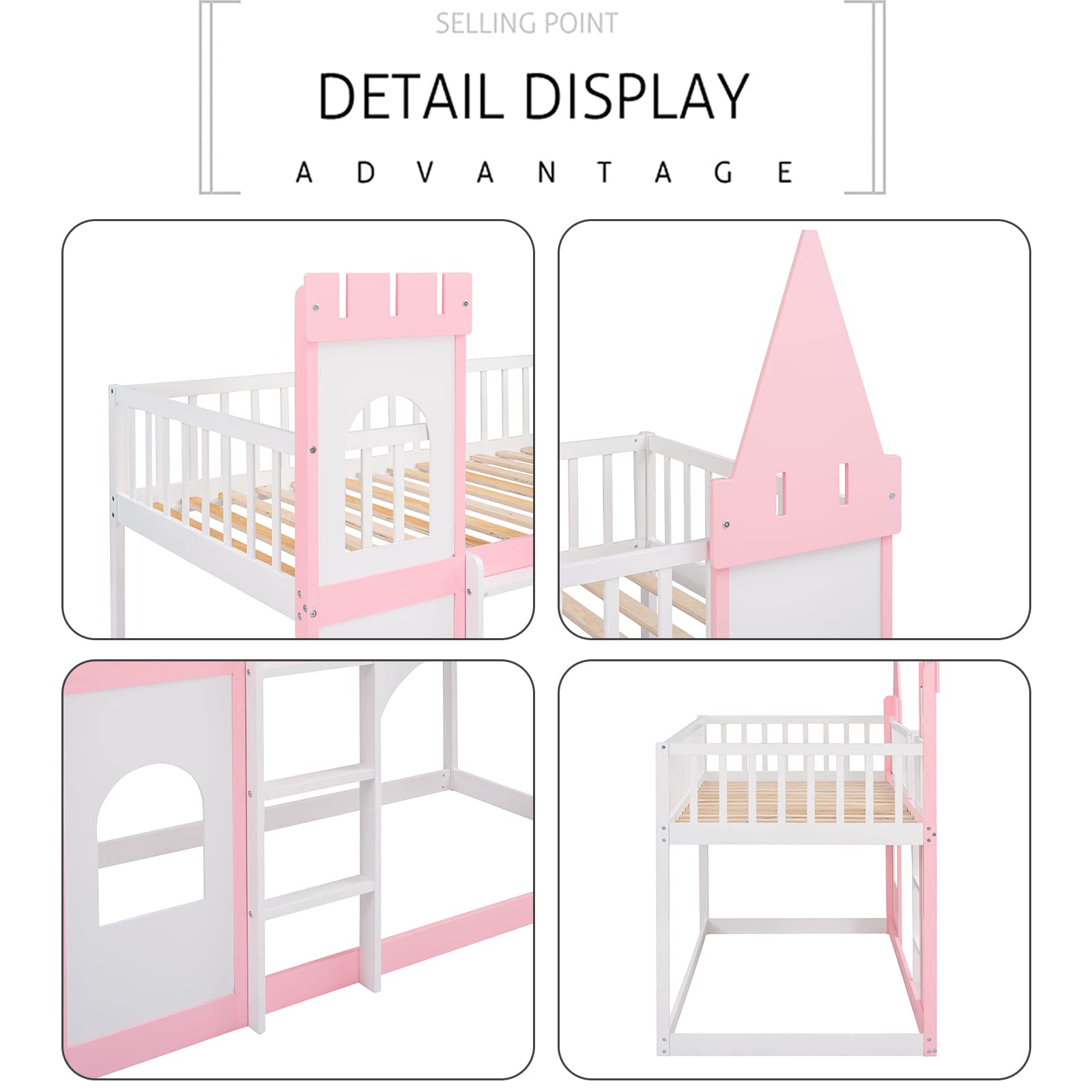Harper & Bright Designs Twin Over Twin Kids Bunk Bed with Castle Shape - Wooden Loft Bed for Girls & Boys - Space-Saving Bedroom & Dorm Furniture - Perfect for Shared Rooms, Sleepovers & Small Spaces (Pink)