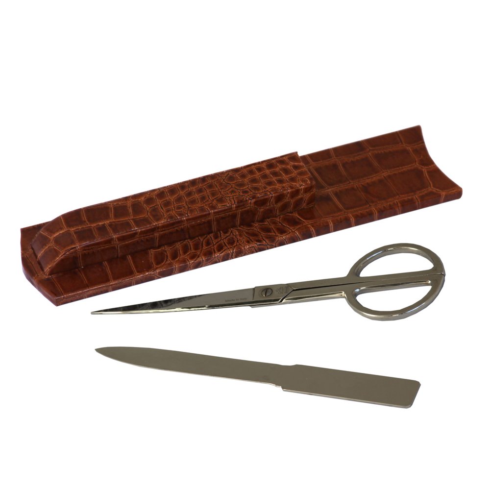 Premium DACASSO Protacini Cognac Brown Italian Crocodile Leather Library Set - Luxury Office & Study Accessories for Home & Office - Elegant Silver Library Organizer for Books, Pens & Desk Decor