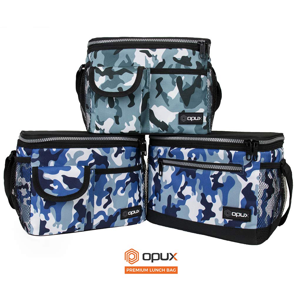 Opux Insulated Lunch Bag for Men & Women - Leakproof Camo Blue Lunch Box for Work, School & Picnics - Portable Soft Cooler Bag with Shoulder Strap - Adult & Kids Lunchbox Holds 14 Cans/8L - Perfect for Office, Hiking, Camping & Daily Commute