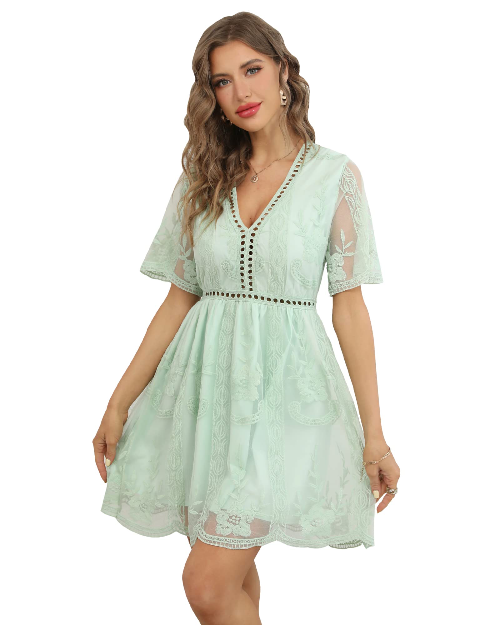 HOYISHION Women's Floral Embroidered Lace V-Neck Mini Dress - Elegant Cocktail Party, Wedding Guest & Bridesmaid Short Dress for Summer Events, Date Night & Special Occasions
