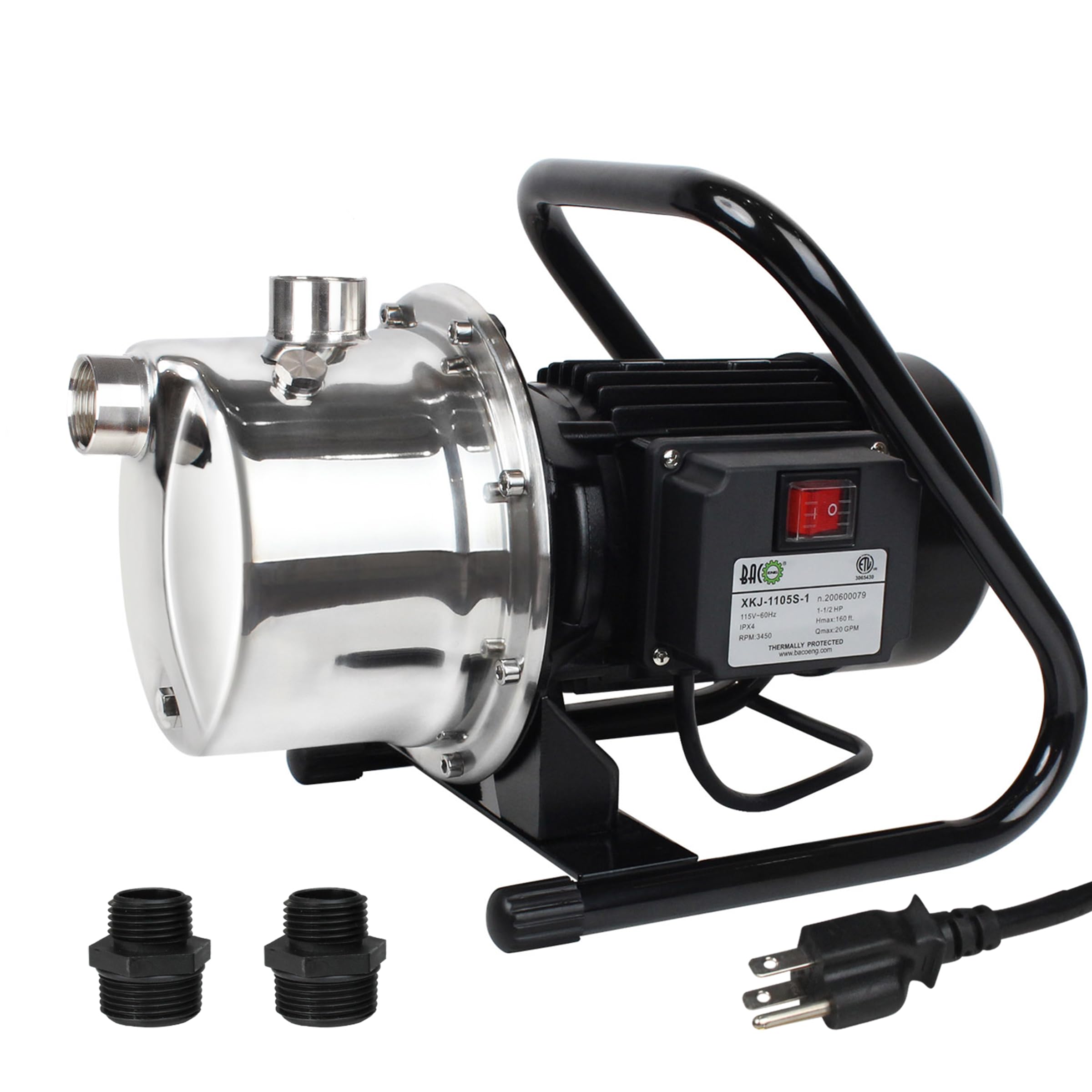 BACOENG 1.5HP 110V Stainless Steel Water Transfer Pump - 1200GPH High Flow Portable Shallow Well Pump for Home, Garden & Lawn Irrigation - Ideal for Water Pressure Boosting, Pool Transfer & Emergency Water Supply (924GPH at 70FT)