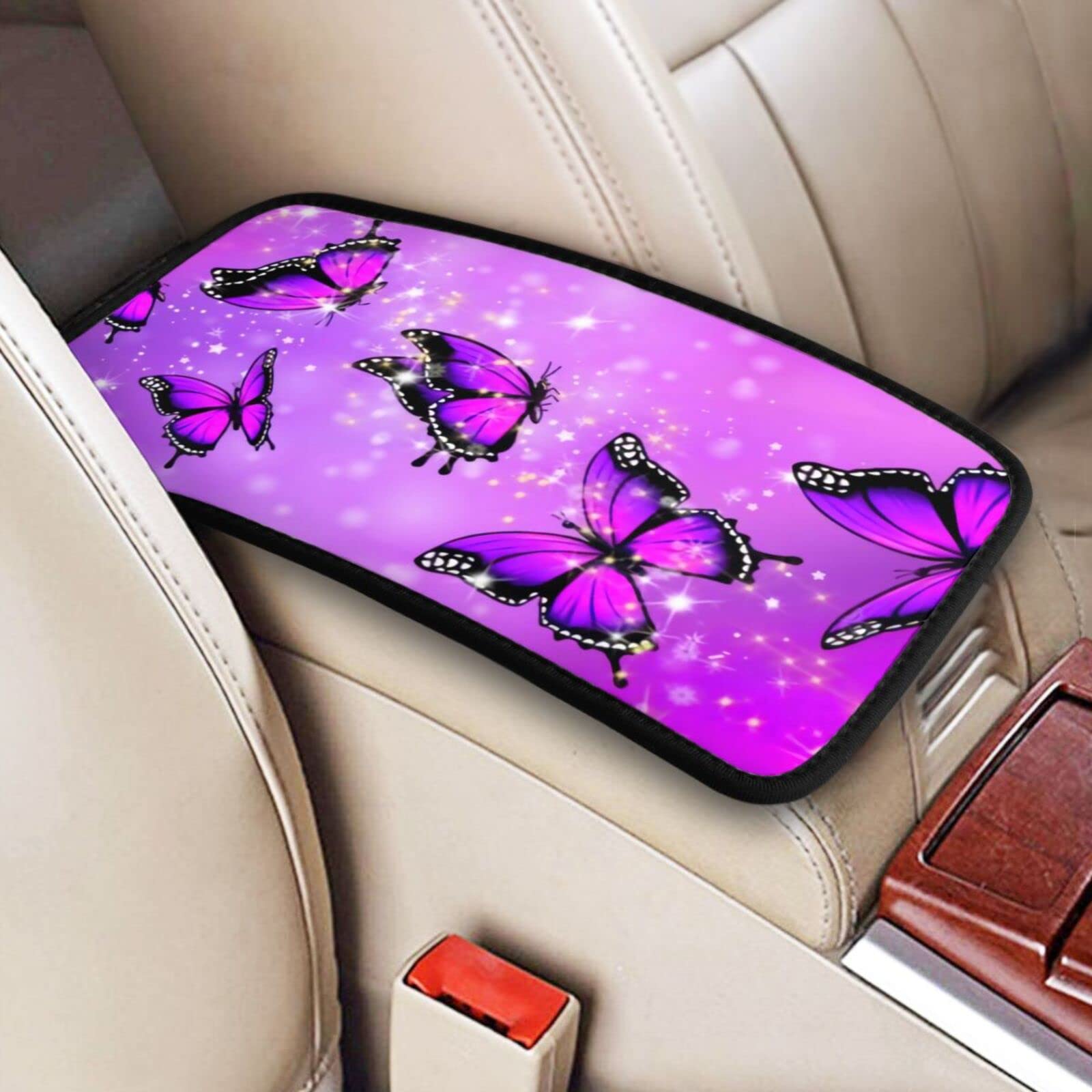 **Dream Purple Butterfly Car Armrest Cover – Universal Soft Waterproof Console Pad for Women & Girls – Fashionable & Cute Auto Accessory – Perfect for Sedans, SUVs & Long Drives**
