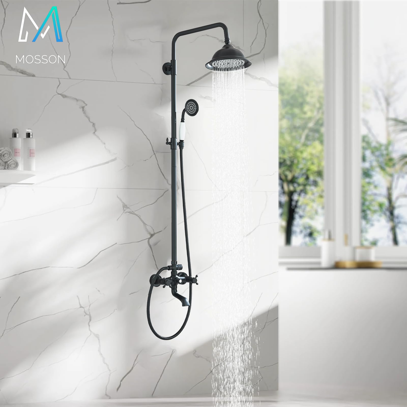 Premium Matte Black Outdoor Shower System - 8 Inch Rainfall Shower Head, Handheld Spray & Tub Spout with 2 Cross Handles - Wall Mounted Bathroom & Backyard Shower Faucet Set for Patio, Poolside & Garden Use