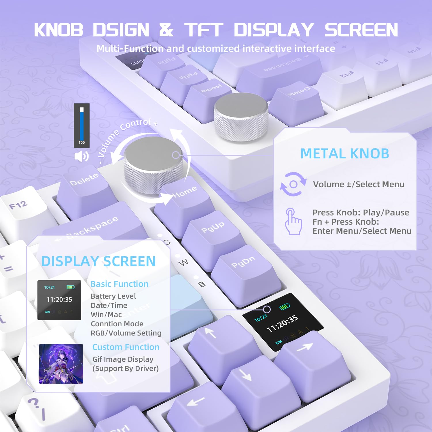 YINDIAO Ajazz AK820PRO 75% Wireless Mechanical Keyboard with Smart TFT Screen & Knob - 2.4G/BT5.1/USB-C Connectivity, Hot-Swappable ANSI Layout, Includes Pro Spiral Cable & 5 PBT Keycaps - Perfect for Gaming, Office Work & Programming on PC/MAC (Purple)