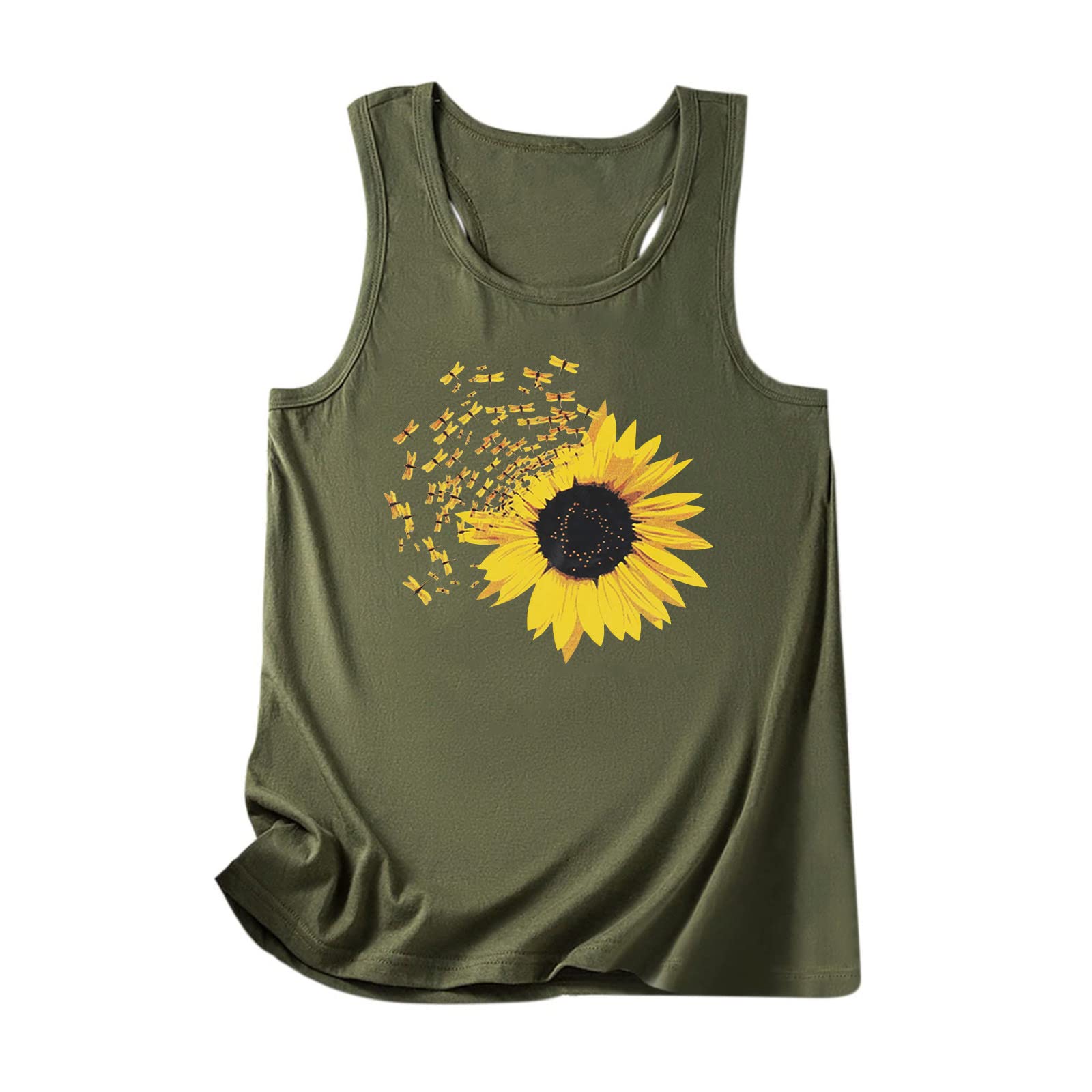 2022 Women's Sunflower Print Round Neck Sleeveless T-Shirt - Casual Summer Tank Top Blouse for Beach, Vacation & Everyday Wear