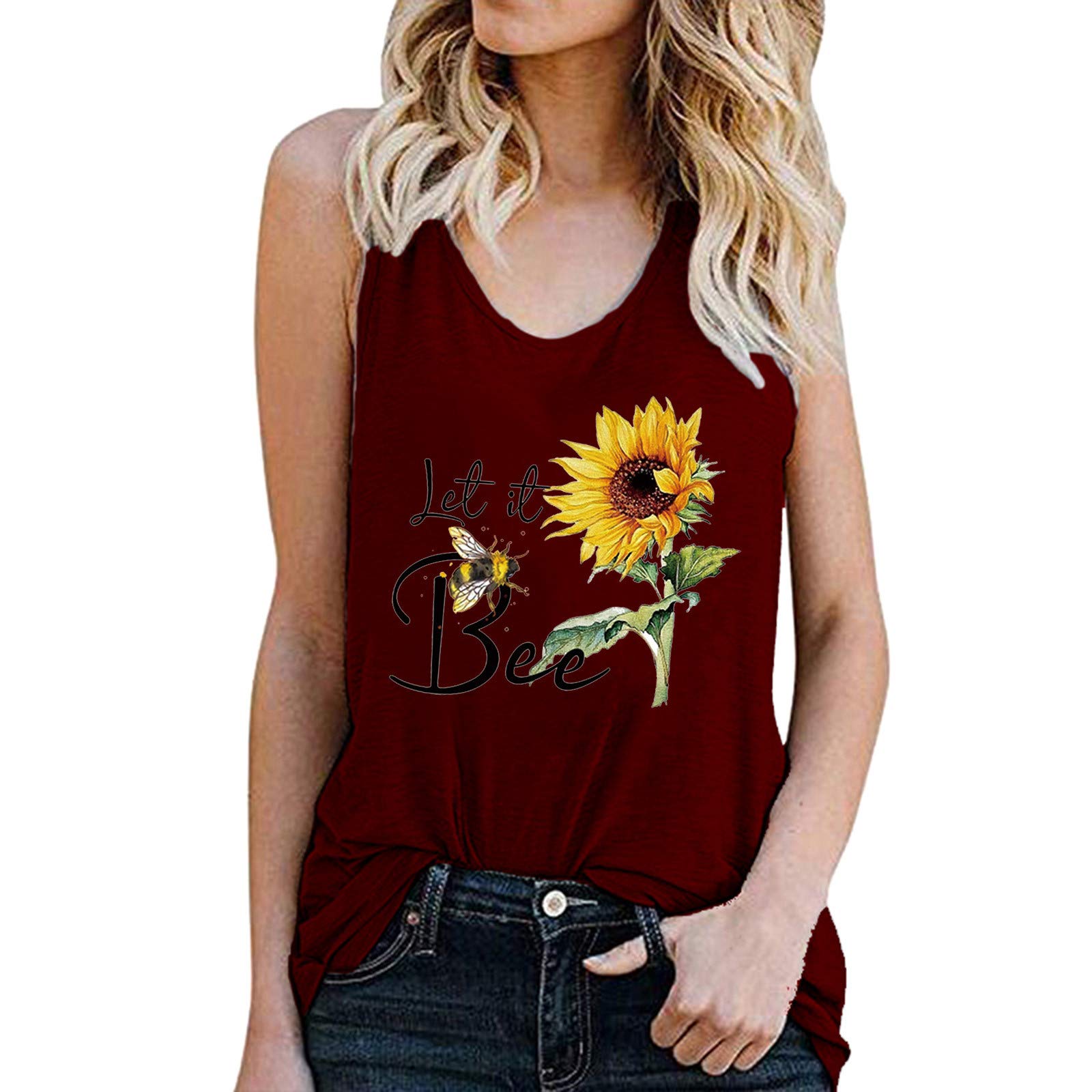 Women's Black Sleeveless Blouse - Bee Print Loose Summer T-Shirt Top | Casual Vest for Women | Perfect for Beach Outings, Summer Parties & Everyday Wear