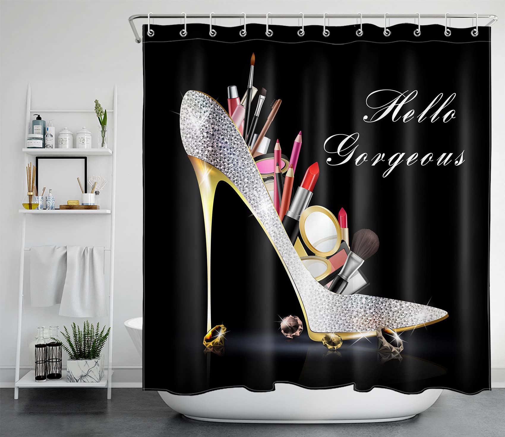 EOBTAIN Diamond High Heels Shower Curtain - Glamorous Lipstick & Bling Fashion Design, 69x70 Inch Waterproof Fabric Bathroom Curtain with 12 Hooks (Silver/Black) - Perfect for Women's Bathroom Decor, Bridal Shower Gift & Fashion Lover's Home Accessory