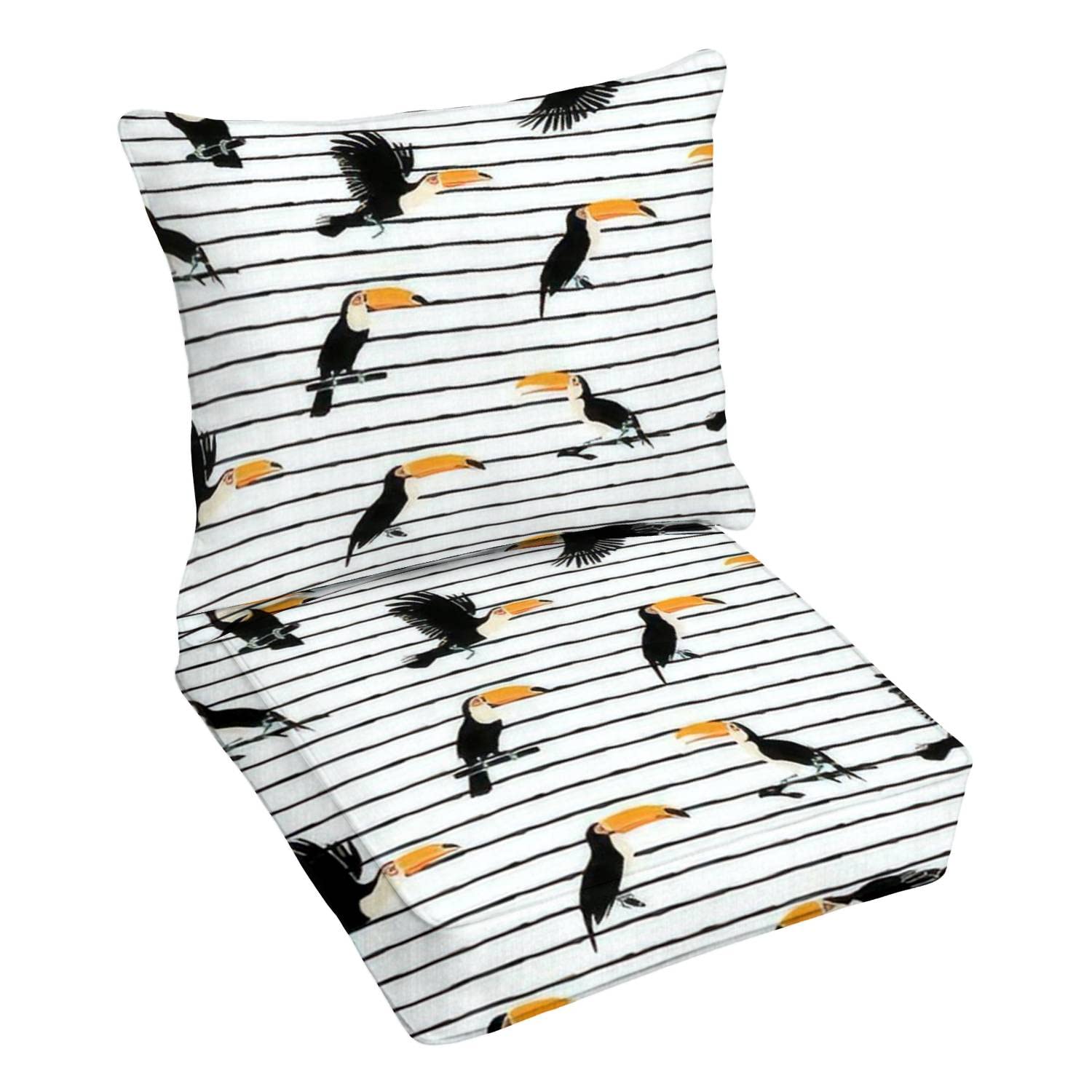 Premium Outdoor Deep Seating Cushion Set - Tropical Toucan & Striped Summer Print - Waterproof Patio Furniture Replacement Cushions for Lounge Chairs - Perfect for Poolside, Garden, Deck & Backyard Relaxation