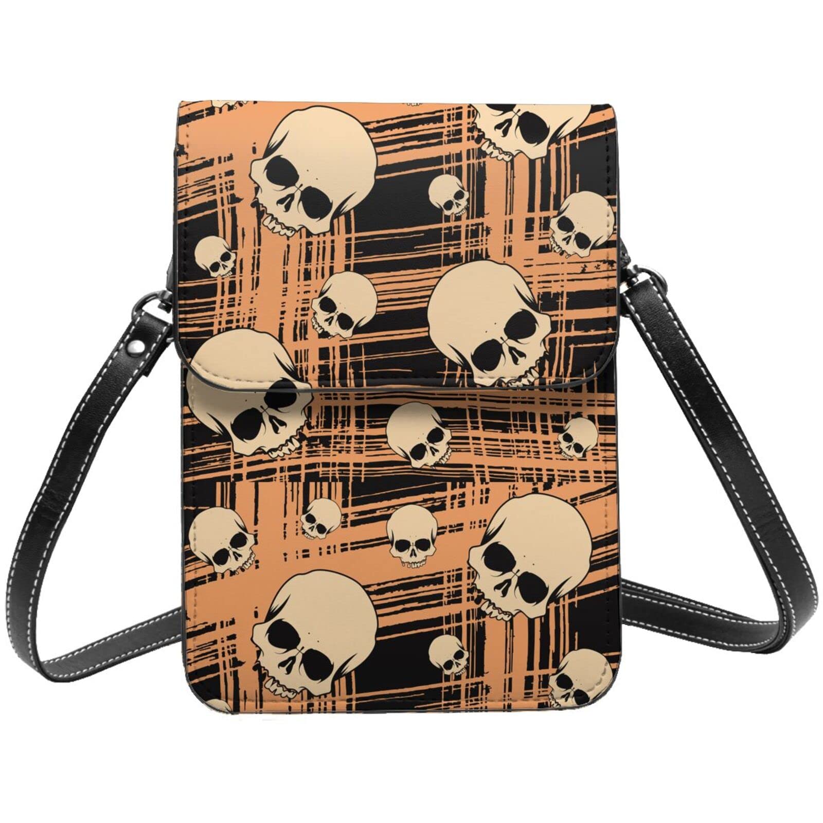 Gothic Skull Grunge Plaid Stripe Black Small Crossbody Phone Purse for Women - Mini Messenger Leather Shoulder Wallet Bag - Perfect for Concerts, Parties & Everyday Use