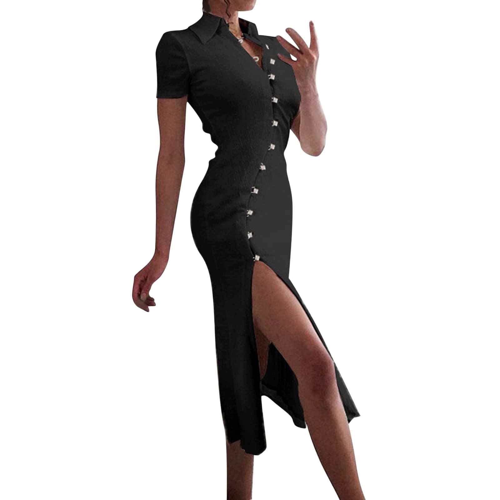 Women's Sexy Button-Up Skater Dress with Split & Collar - Medium Length Casual Shirt Dress for Date Night & Office Wear