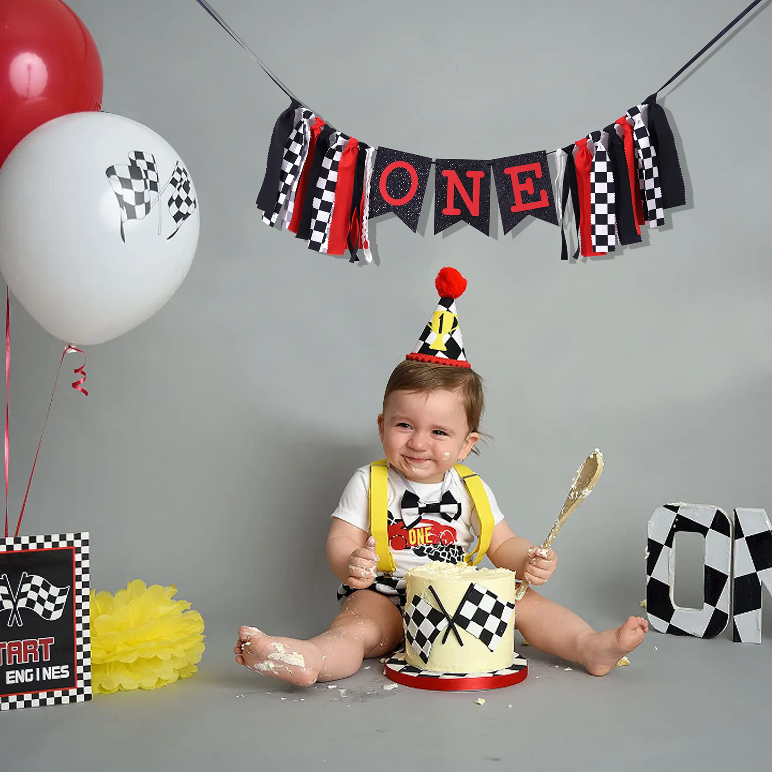 Checkered Flag Racing High Chair Banner - 1st Birthday Party Decorations for Boys, Race Car Theme Cake Smash Photo Props | Perfect for Baby's First Birthday, Motorsport Themed Celebrations & Photo Shoot Backdrops