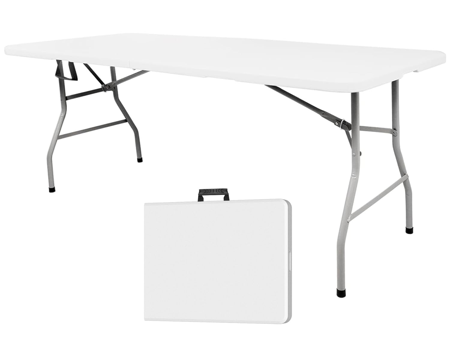 6FT Plastic Folding Table - Portable Lightweight Foldable Table for Outdoor Picnic, Camping, Party, Wedding, BBQ & Kitchen Use - Easy Carry Handle & Lock System - White - Perfect for Backyard Gatherings, Tailgating & Beach Trips