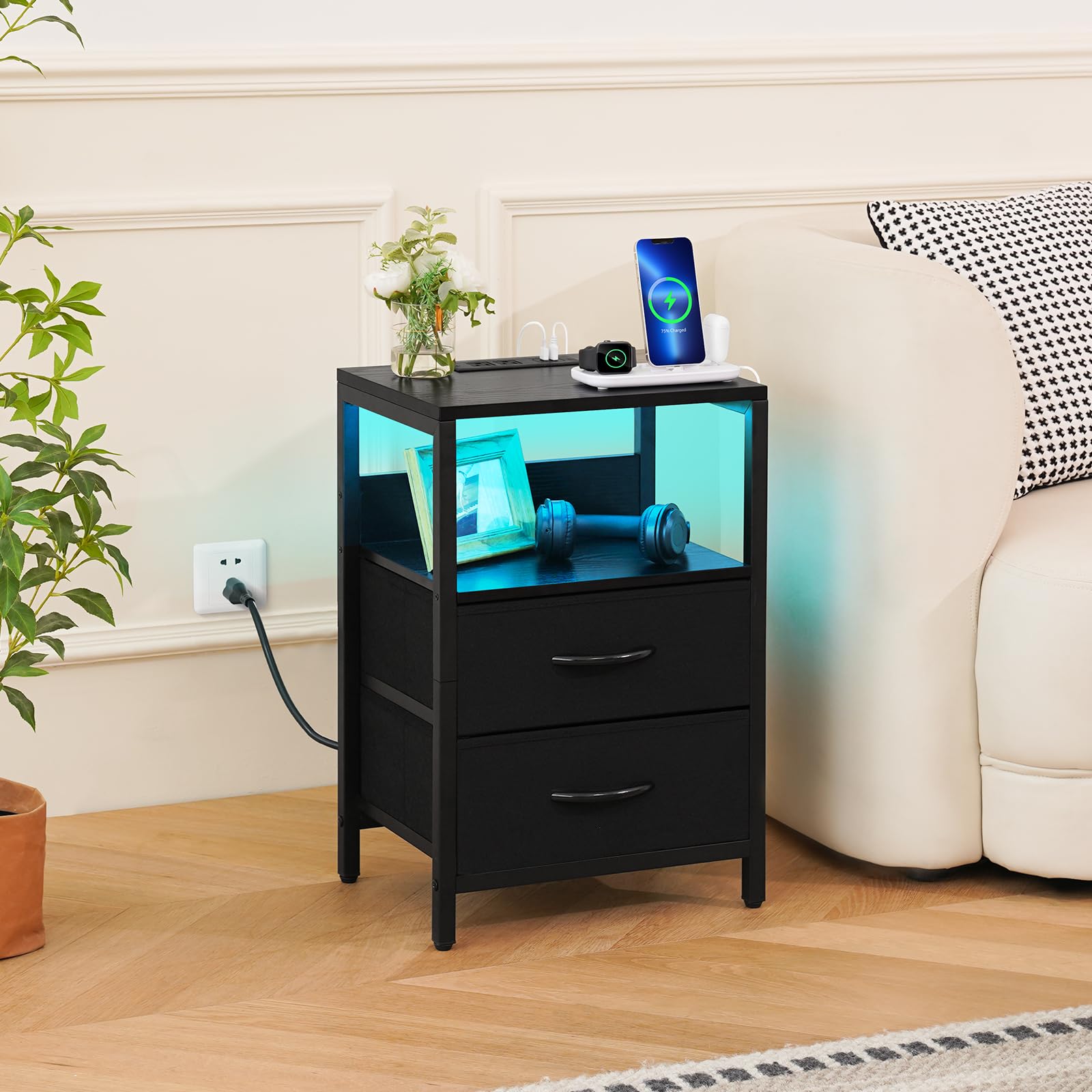 Yoobure Nightstand with Charging Station - LED Bedside Table with USB Ports & Outlets, Fabric Drawers & Storage Shelf - Small Night Stand for Bedroom | Perfect for Phone Charging, Reading Light & Bedside Storage