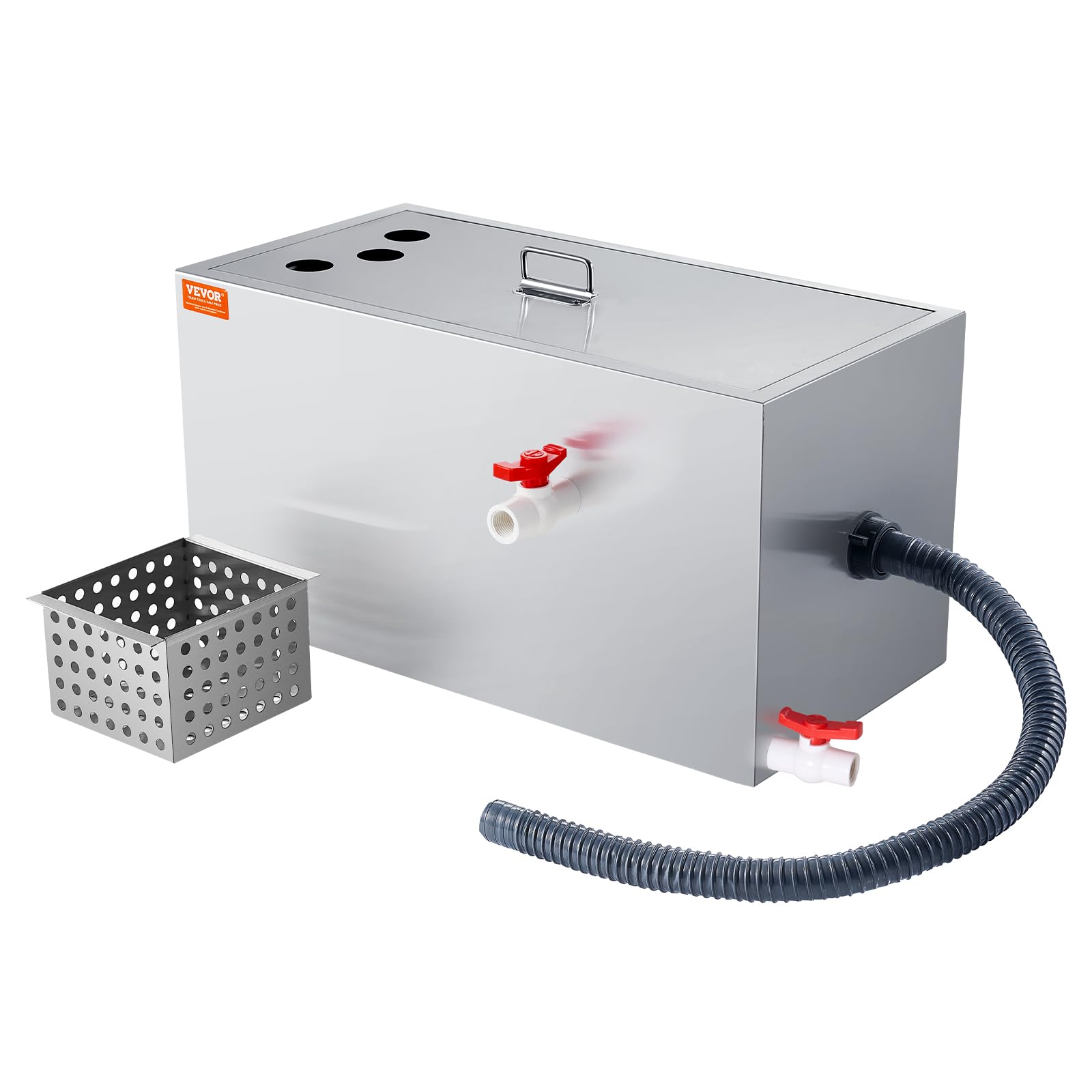 VEVOR 25 LBS Commercial Grease Trap - Stainless Steel Under Sink Grease Interceptor with Top Inlet, 6.4 GPM Wastewater Oil-Water Separator for Restaurant, Canteen & Home Kitchen - Perfect for High-Volume Cooking Areas and Food Service Establishments