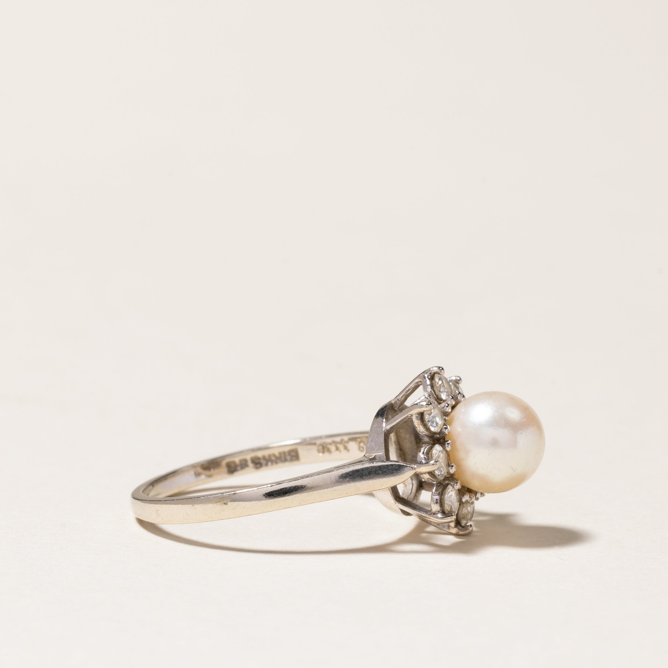Birks Pearl & Diamond Petal Halo Ring - 6.60mm, 0.24ctw, Size 6 | Elegant Bridal Jewelry, Wedding Band, Anniversary Gift for Her
