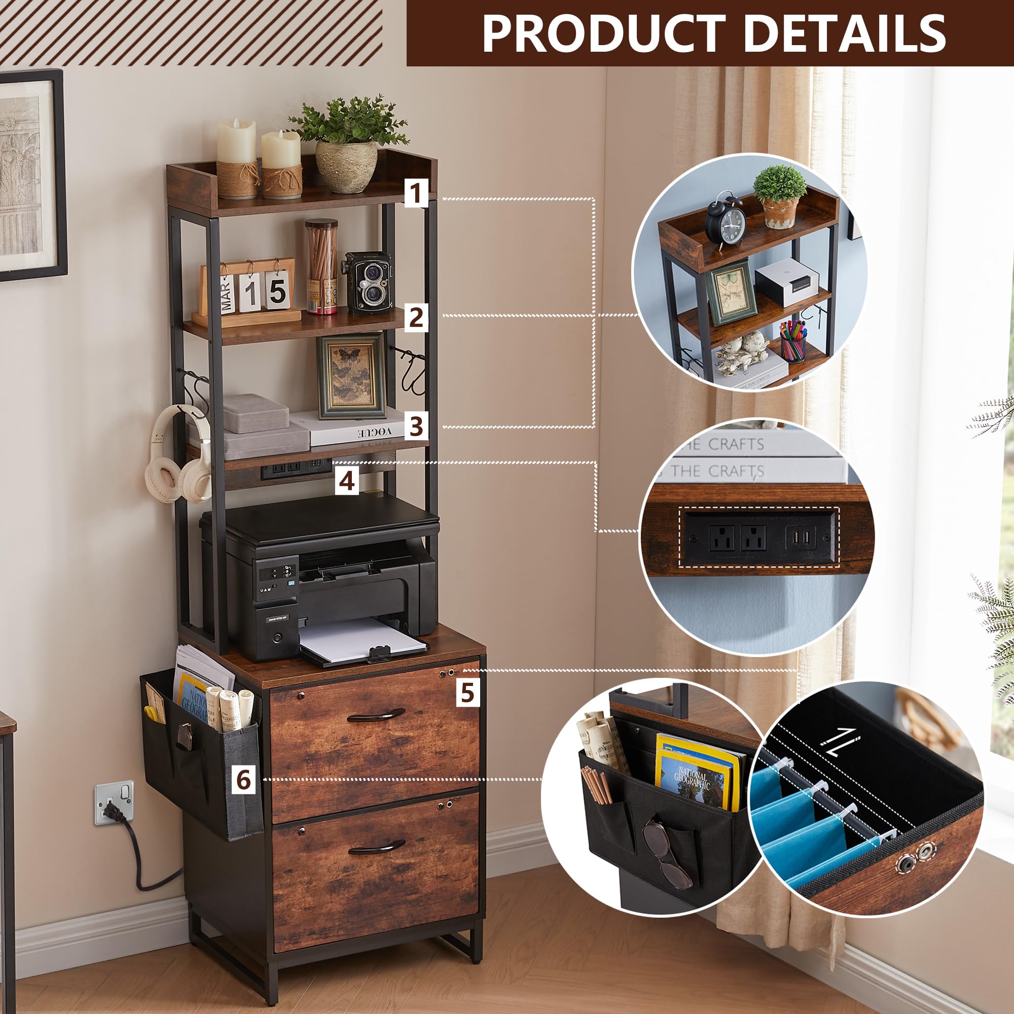2-Drawer File Cabinet with Adjustable Hanging Folders & Storage Shelf - Letter/A4 Size Office Storage with Built-in Power Outlet - Perfect for Home Office, Study Room & Small Workspaces