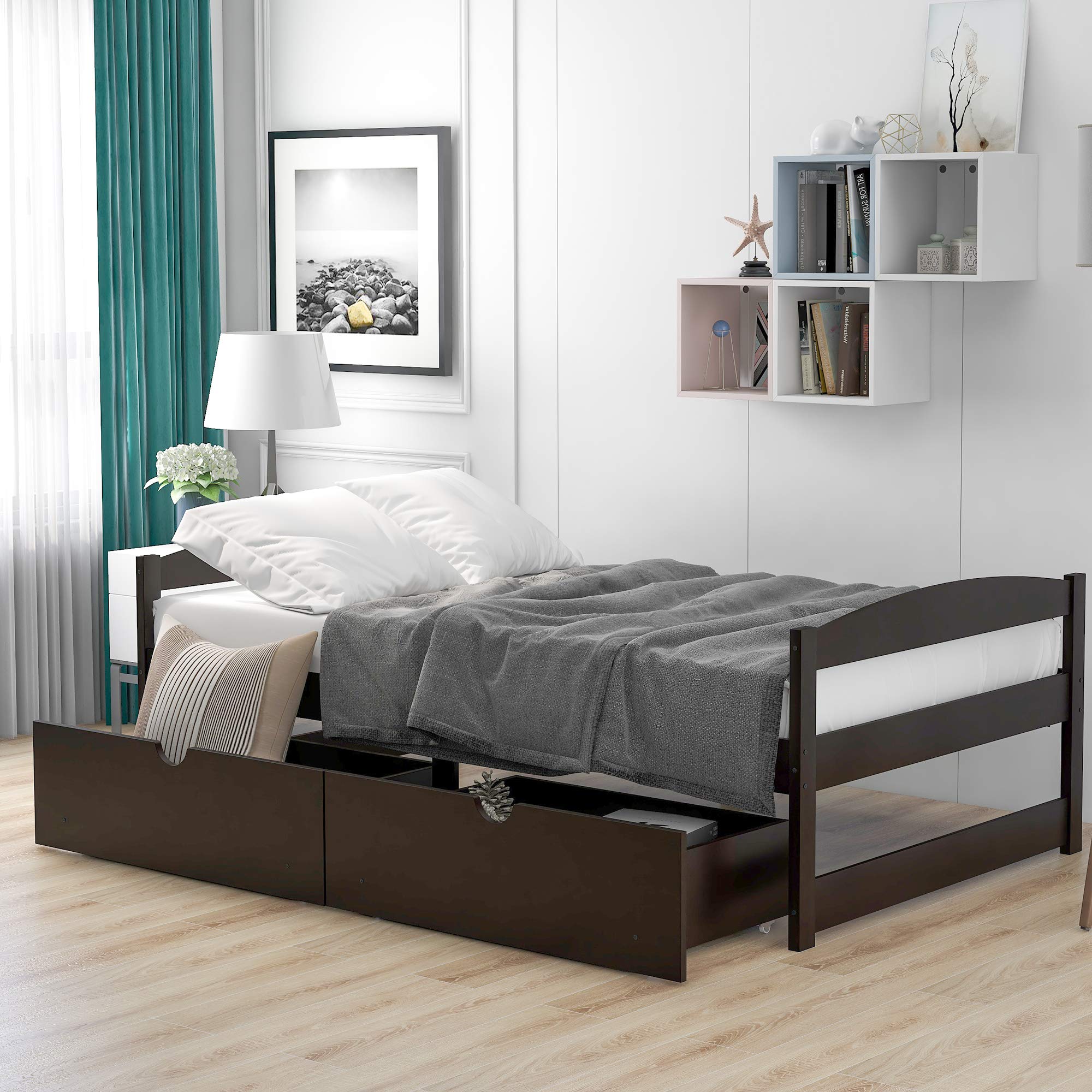 Polibi Twin Size Wood Platform Bed Frame with 2 Rolling Storage Drawers - Espresso Finish for Small Spaces, Kids Room & Guest Bedroom