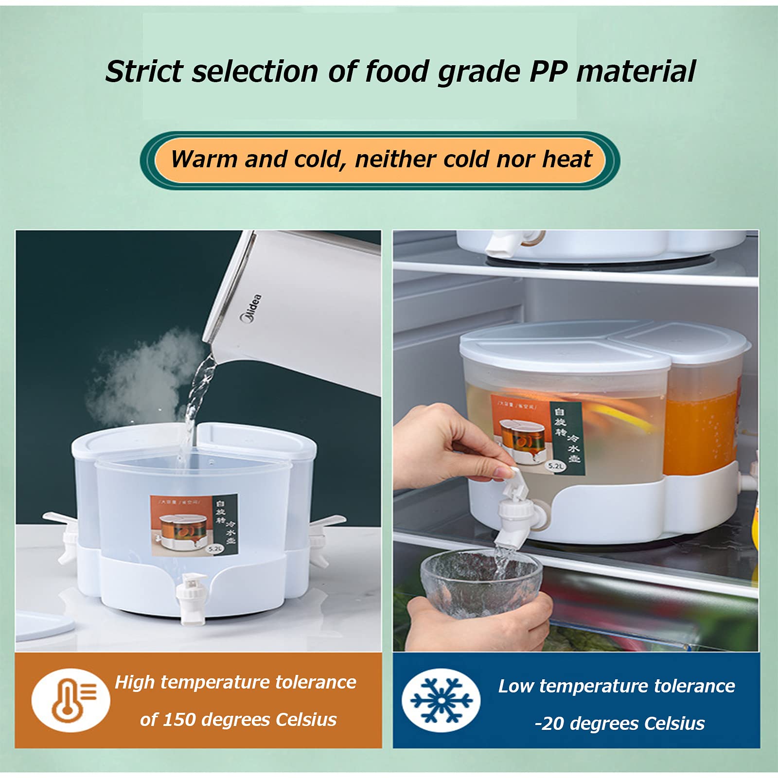 Rotating Large Capacity Refrigerator Cold Kettle with Lid and Faucet - 3-Compartment Split Fruit Teapot, Lemonade Bucket & Ice Water Jug for Household Juice, Cold Drinks, Ice Tea, Wine & Coffee - Perfect for Parties, BBQs, and Outdoor Gatherings