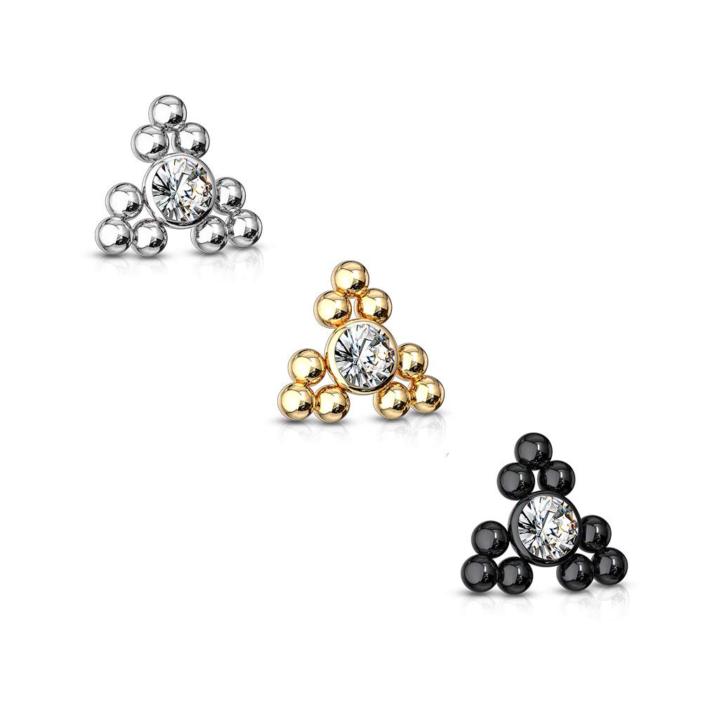 316L Surgical Steel Internally Threaded Dermal Top with CZ Triangle Ball Clusters - Gold Jewelry for Body Piercing | Perfect for Cartilage, Nose, and Ear Piercings