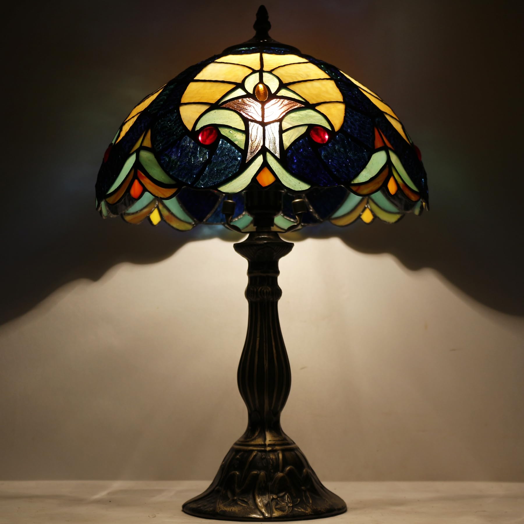 Tiffany Style Stained Glass Table Lamp - Blue & Yellow Liaison Reading Light, 12x12x18 Inches, Bedside Desk Lamp for Bedroom, Living Room, Home Office Decor (S160E Series) | Perfect for Cozy Reading Nooks, Romantic Bedroom Ambiance, and Elegant Living Room Accent Lighting