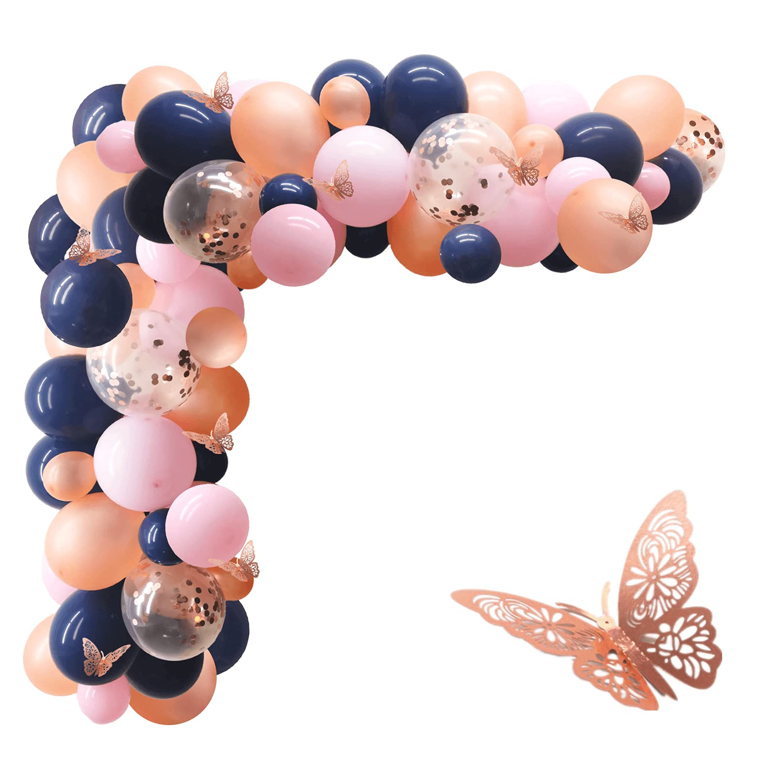 Navy Pink Balloon Garland Kit - 107pcs Navy Blue & Rose Gold Balloon Arch Kit with Rose Gold Butterflies, Wedding Birthday Baby Shower Decorations for Parties, Bridal Showers, Festivals & Special Events