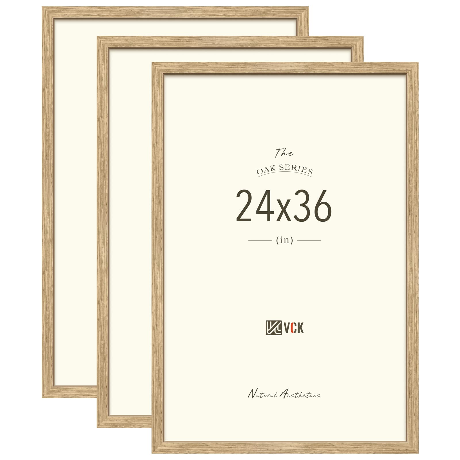 VCK 24x36 Poster Frame Set of 3 - Solid Oak Wood Picture Frames with Shatterproof Glass, Wall Art Gallery Display for Living Room, Bedroom & Office Decor