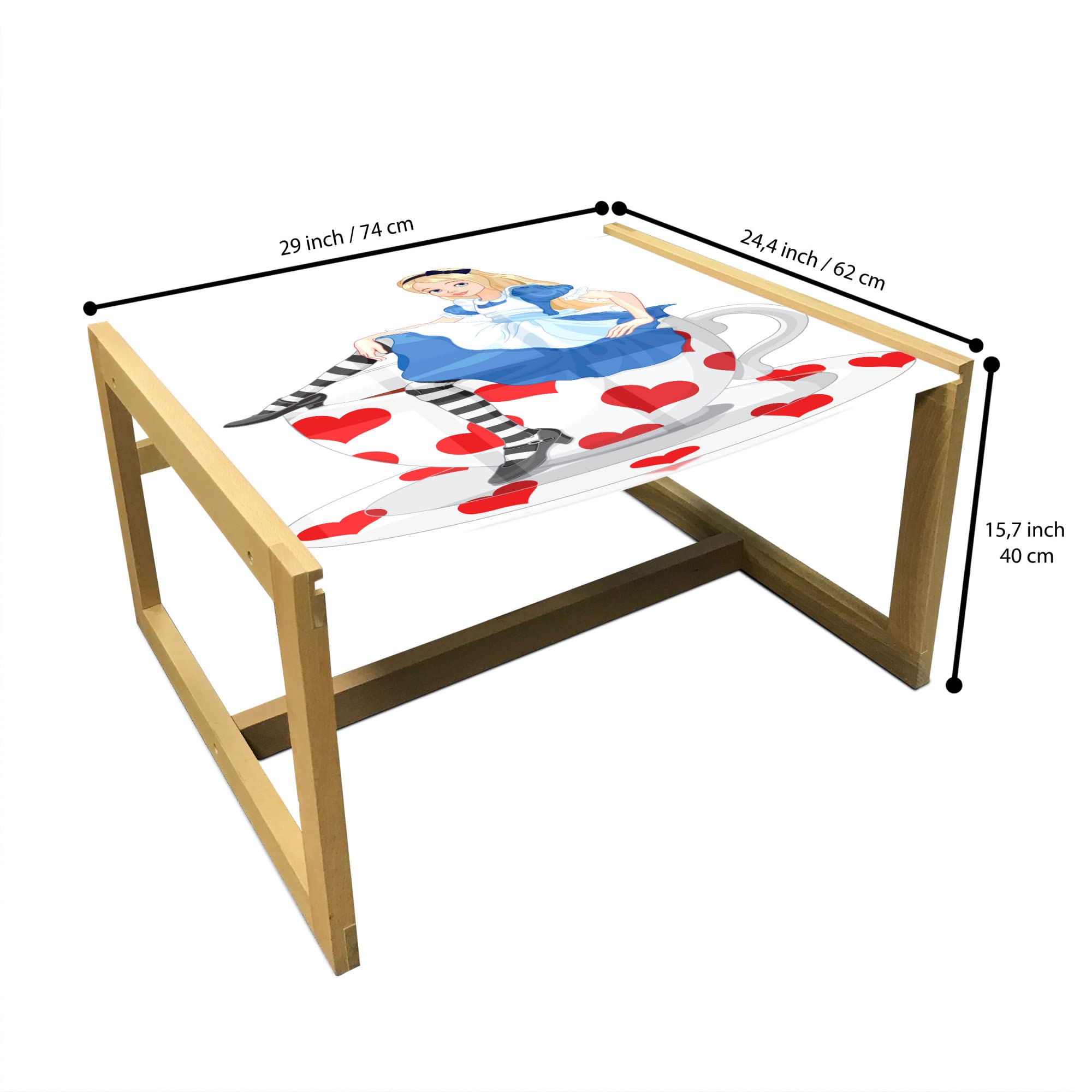 Ambesonne Alice in Wonderland Coffee Table - Fantasy Tale Design with Girl Sitting on Tea Cup Heart Shape, Acrylic Glass Top & Wooden Frame - Perfect for Living Rooms, Offices & Dorms - Medium Size in Blue Vermilion White