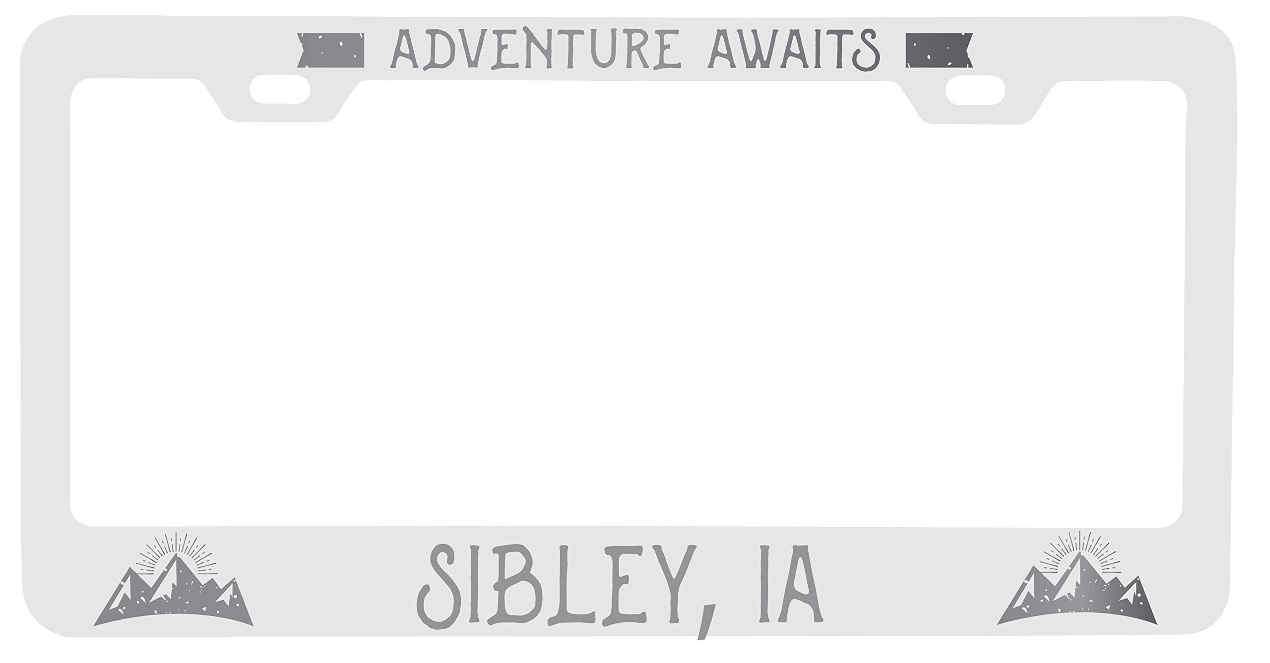 Laser Engraved Metal License Plate Frame - 'Adventures Awaits' Design | Sibley Iowa Souvenir | Perfect for Road Trips & Travel Enthusiasts