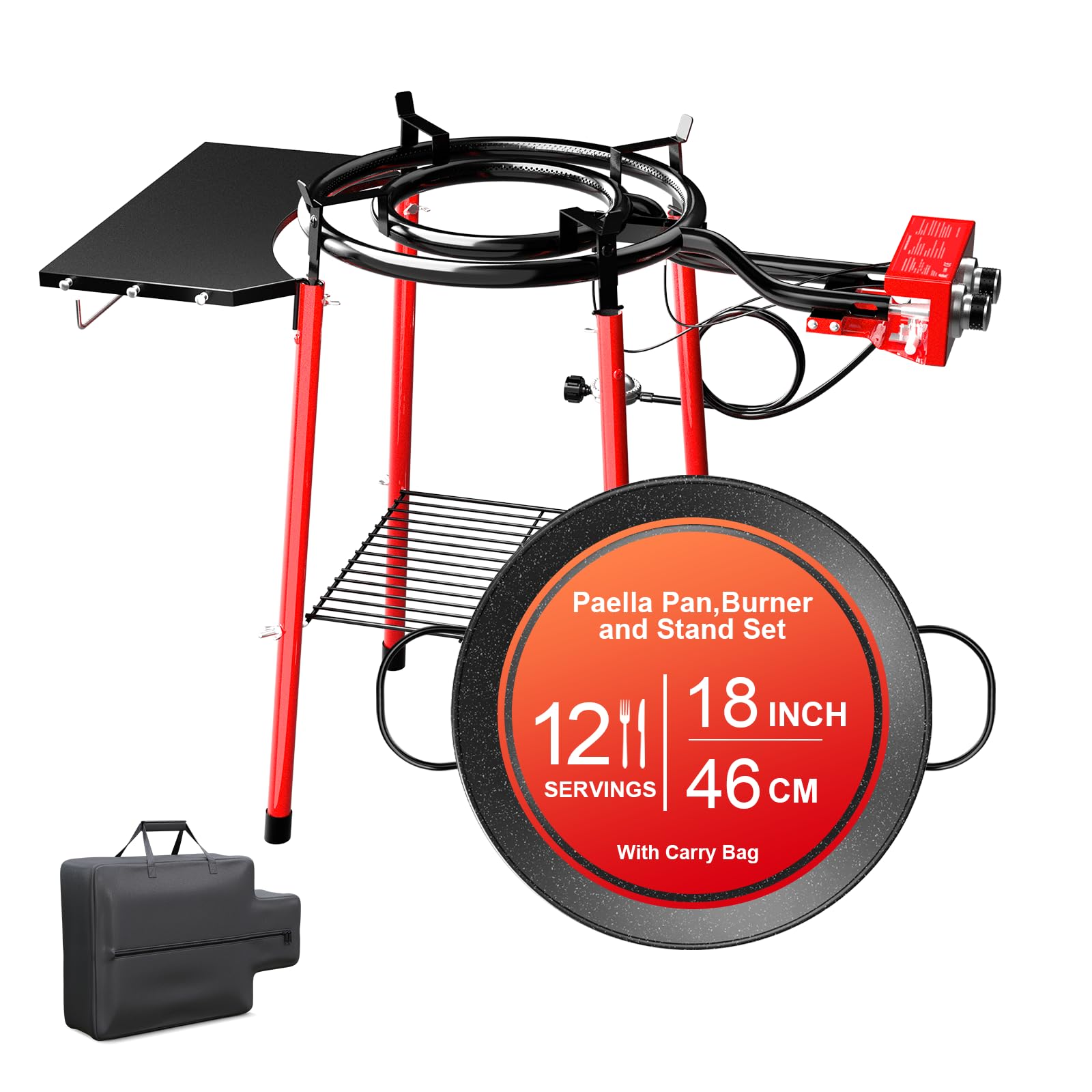 18 Inch Professional Paella Pan and Burner Set with Stand - Includes Carry Bag, Built-In Ignitor & Regulator Hose - Perfect for Outdoor Cooking, Parties & Spanish Cuisine (12 Servings)