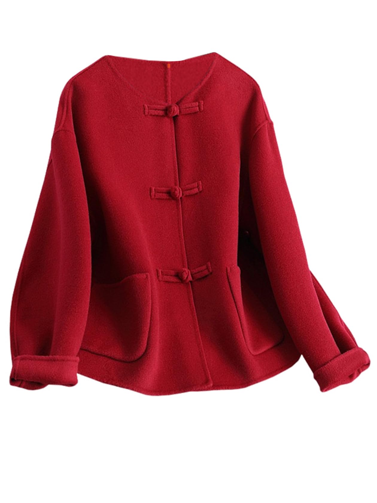 Women's Double-Sided Wool Coat with Handcrafted Buttons - Crew Neck Long Sleeve Warm Winter Top in Red | Perfect for Office Wear, Casual Outings & Holiday Parties