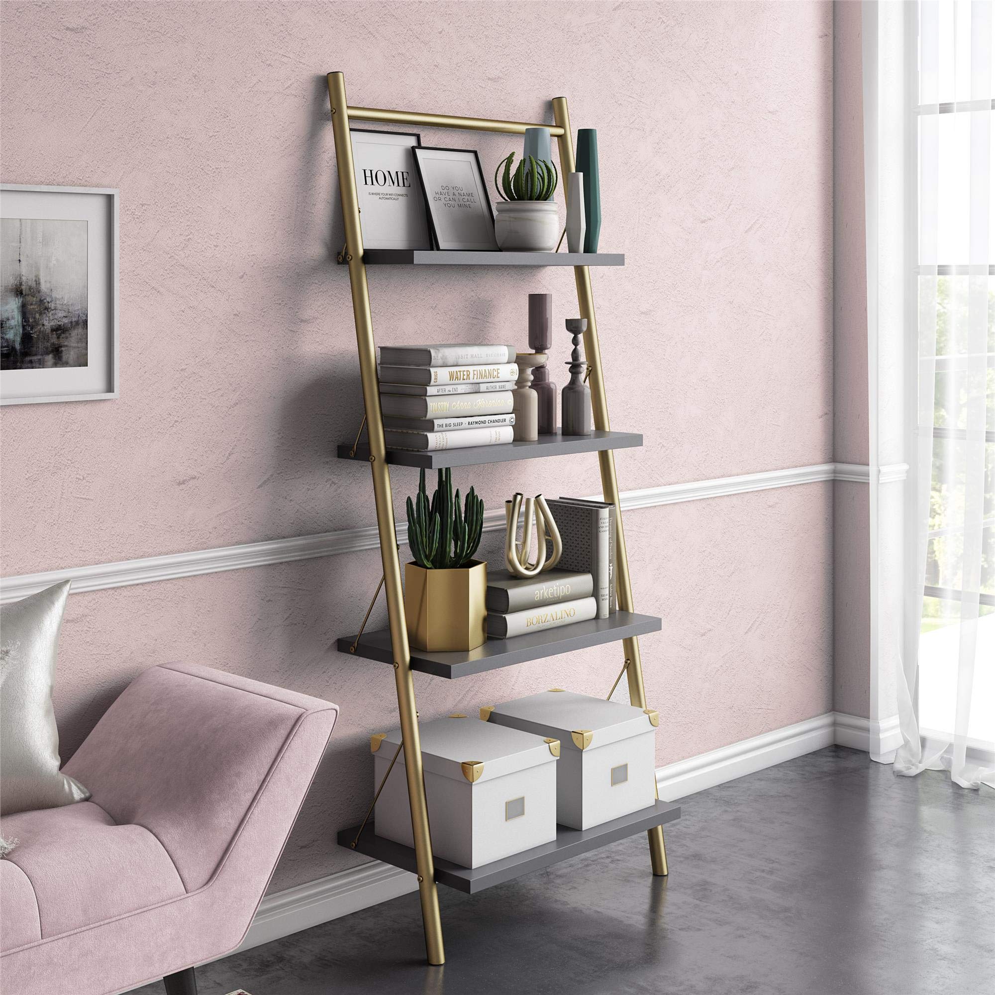 Nova 4-Shelf Ladder Bookcase in Graphite Gray - Modern Industrial Style Bookshelf for Living Room, Bedroom & Office Storage
