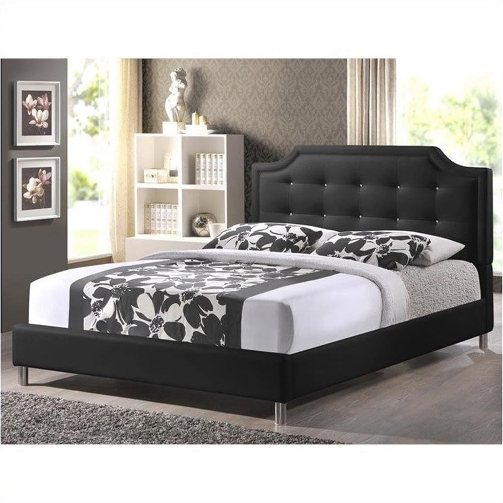 BOWERY HILL Tufted Faux Leather King Size Platform Bed Frame - Black Upholstered Headboard - Modern Bedroom Furniture for Master Suite & Guest Room