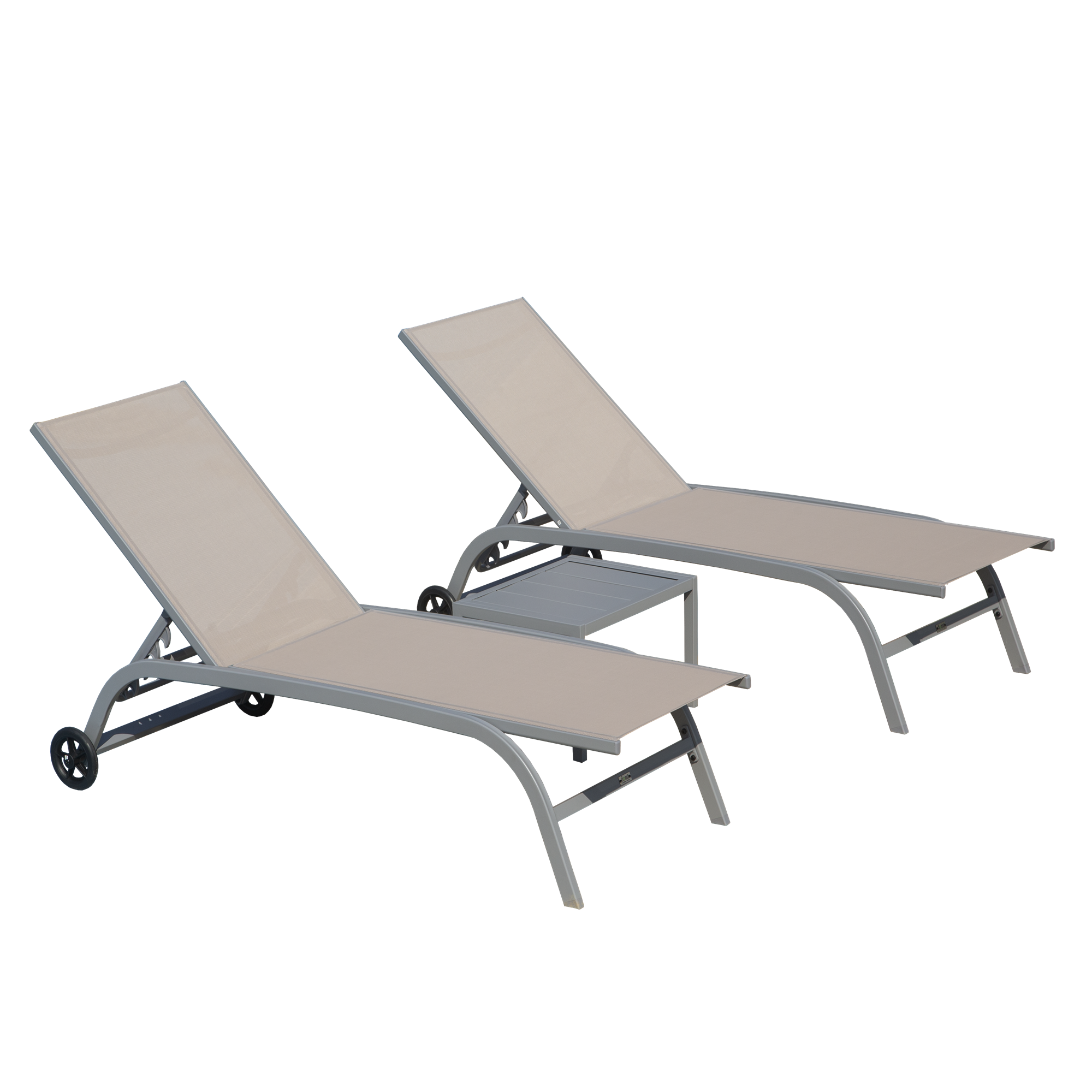 Outdoor Chaise Lounge Set of 3 - Adjustable Pool & Beach Lounge Chairs with Wheels & Side Table (Khaki) - Perfect for Patio, Backyard, Poolside & Coastal Relaxation