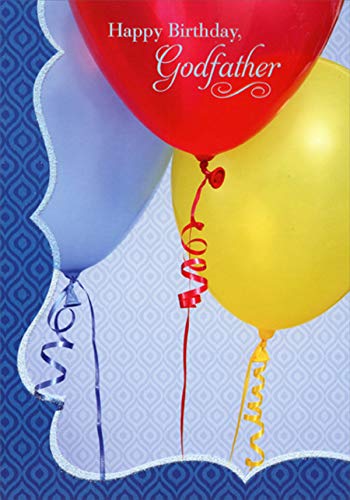 Elegant Red, Blue & Yellow Balloon Birthday Card with Glitter Border - Perfect for Godfather's Day, Anniversaries & Special Celebrations