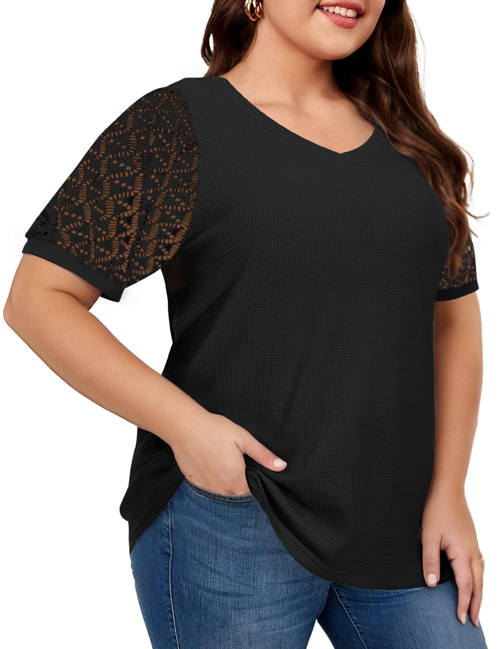 Plus Size Tops for Women - Waffle Knit Summer Blouse with Lace Short Sleeves & V-Neck Design - Flowy Casual Shirts for Curvy Women - Perfect for Office, Date Night and Summer Outings