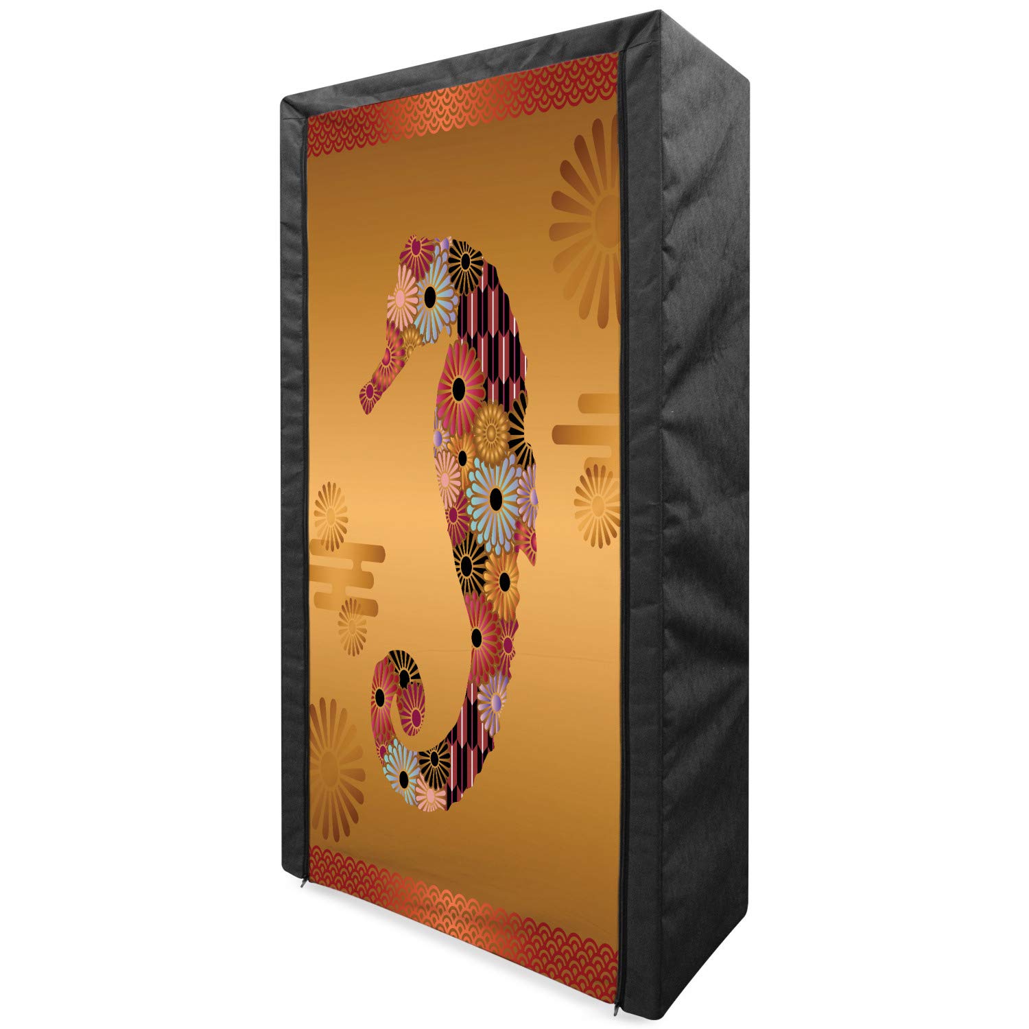 Ambesonne Animal Print Portable Fabric Wardrobe with Seahorse Design - Floral & Stripe Pattern Closet Organizer with Shelves, 33.5 Inch Multicolor Storage Solution for Bedroom, Dorm, or Kids Room