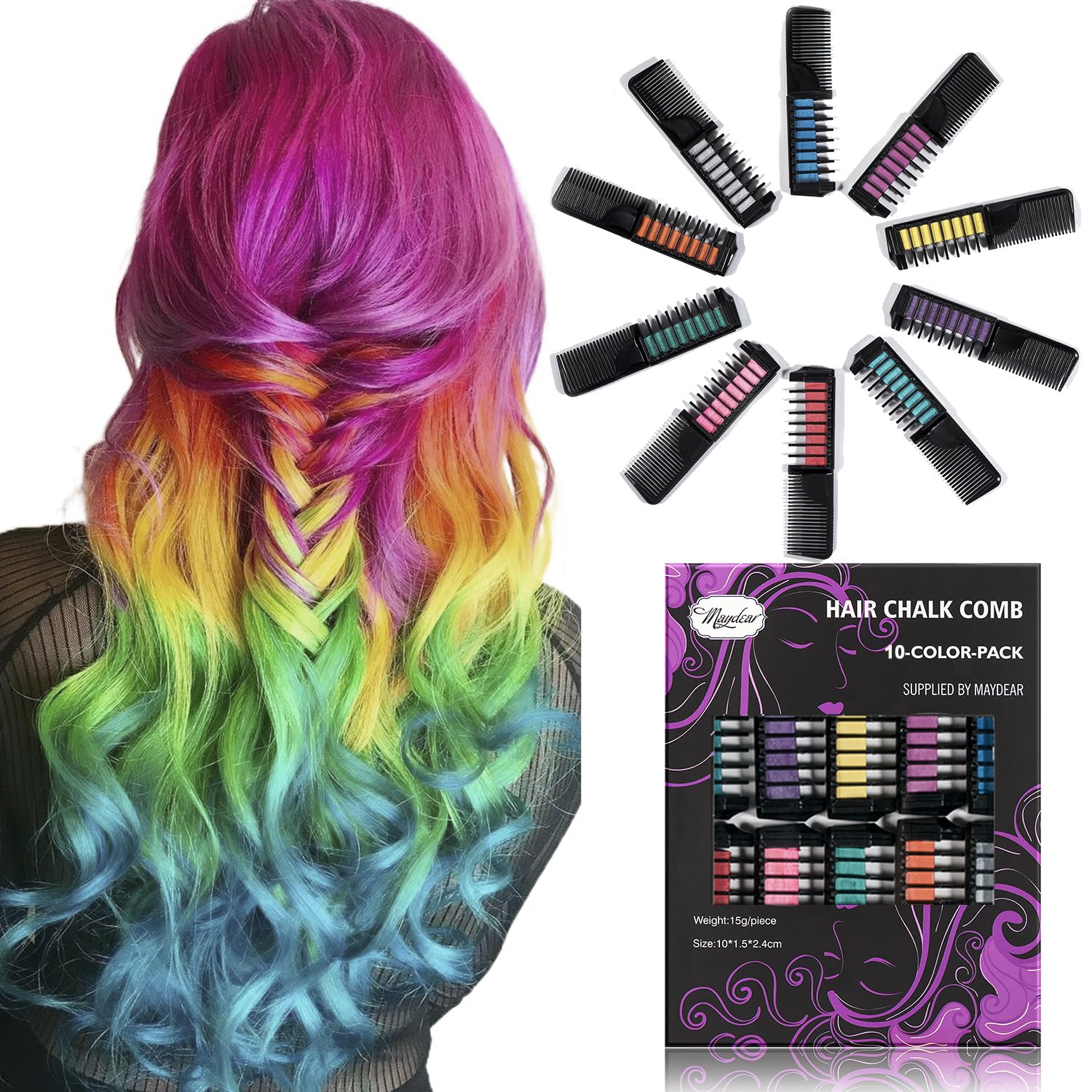 Maydear Washable Hair Chalk Set - 10 Vibrant Temporary Hair Colors for Kids & Teens | Non-Toxic Hair Dye for Girls Age 6-12 | Perfect for Halloween, Christmas, Easter & Birthday Gifts | Fun Party Accessories & Creative Play