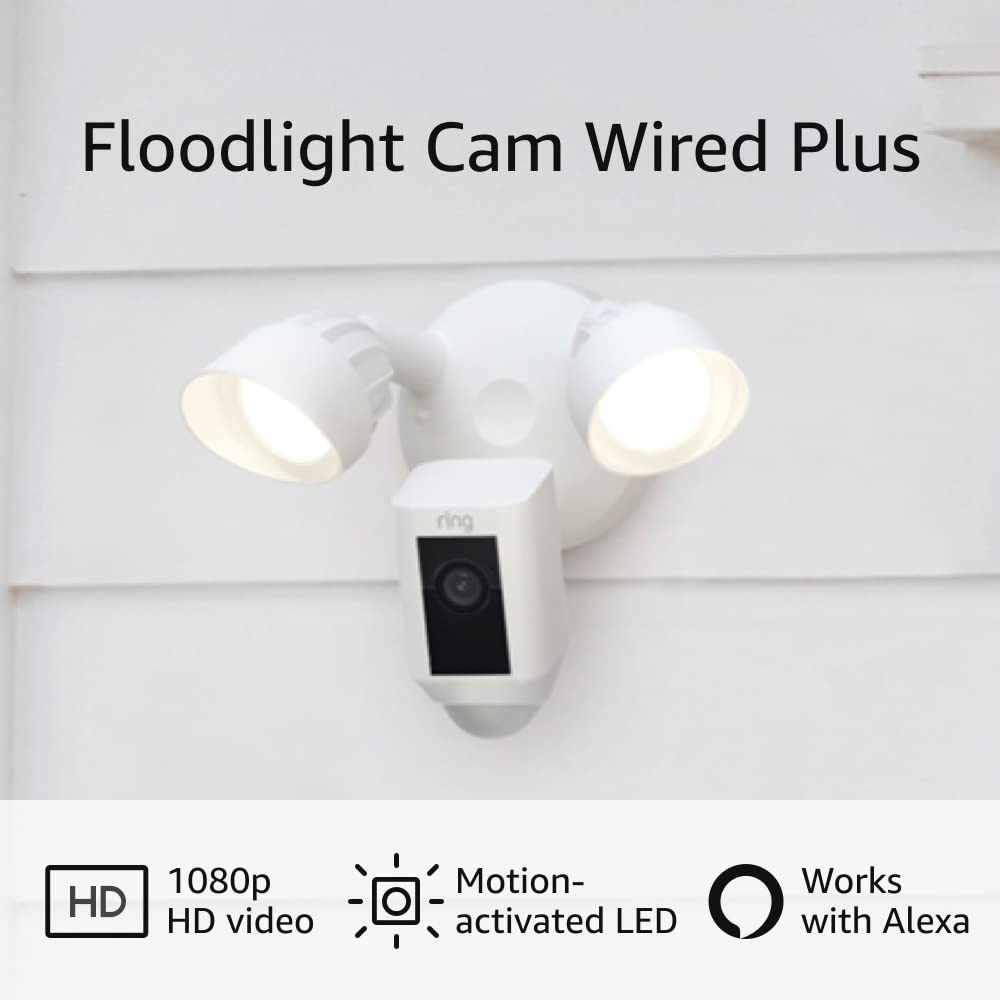 Ring Floodlight Cam Wired Plus - Motion-Activated 1080p HD Security Camera with Two-Way Talk, Color Night Vision & Siren Alarm (White, 2021 Model) - Outdoor Home Security for Driveway, Garage & Backyard Protection