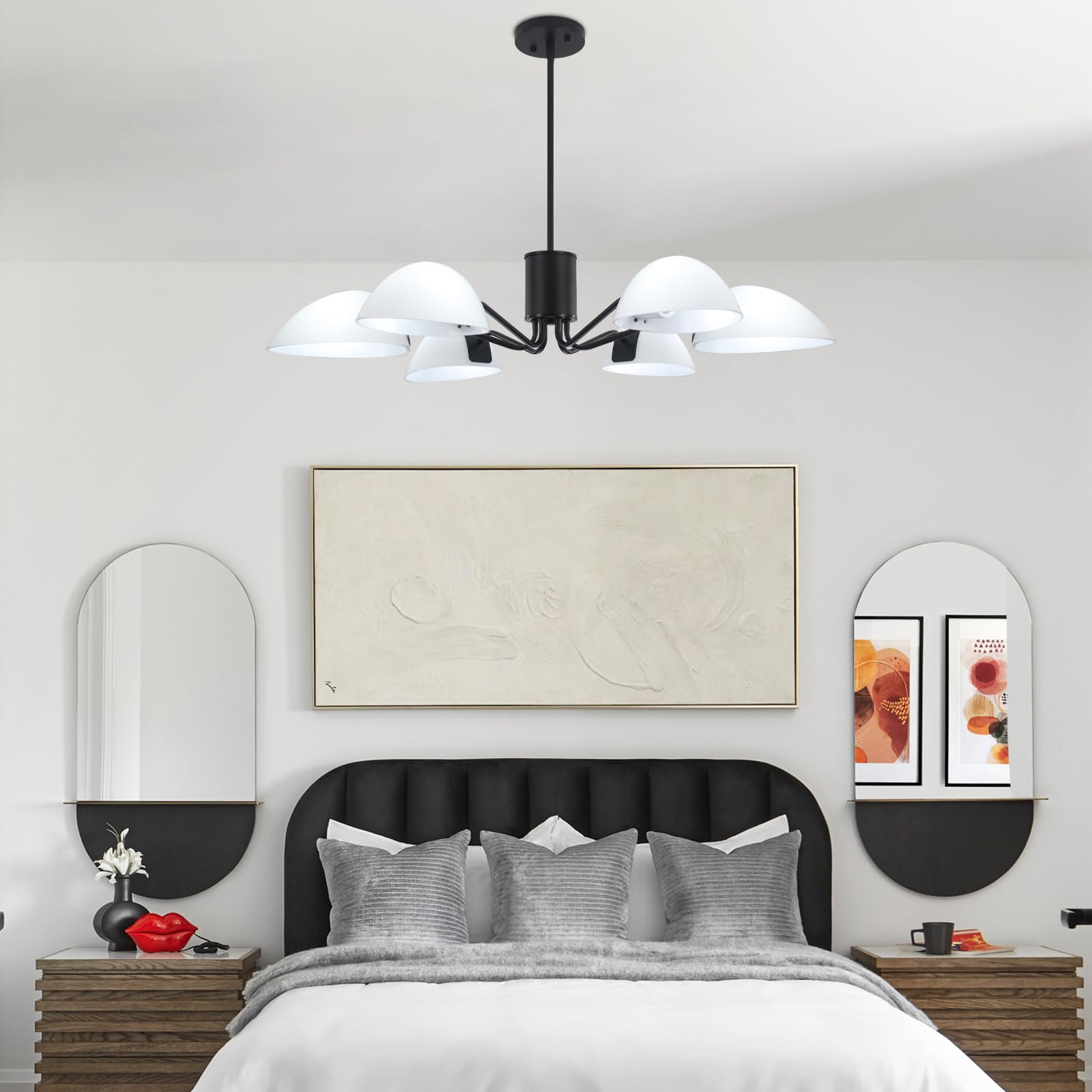 Modern Black Chandelier Ceiling Light with Milk Glass Shades - 34.64 Inch Industrial 6-Light Pendant Fixture for Dining Room, Kitchen, Hallway, Foyer & Entryway | Elegant Lighting for Home Decor, Restaurants and Office Spaces