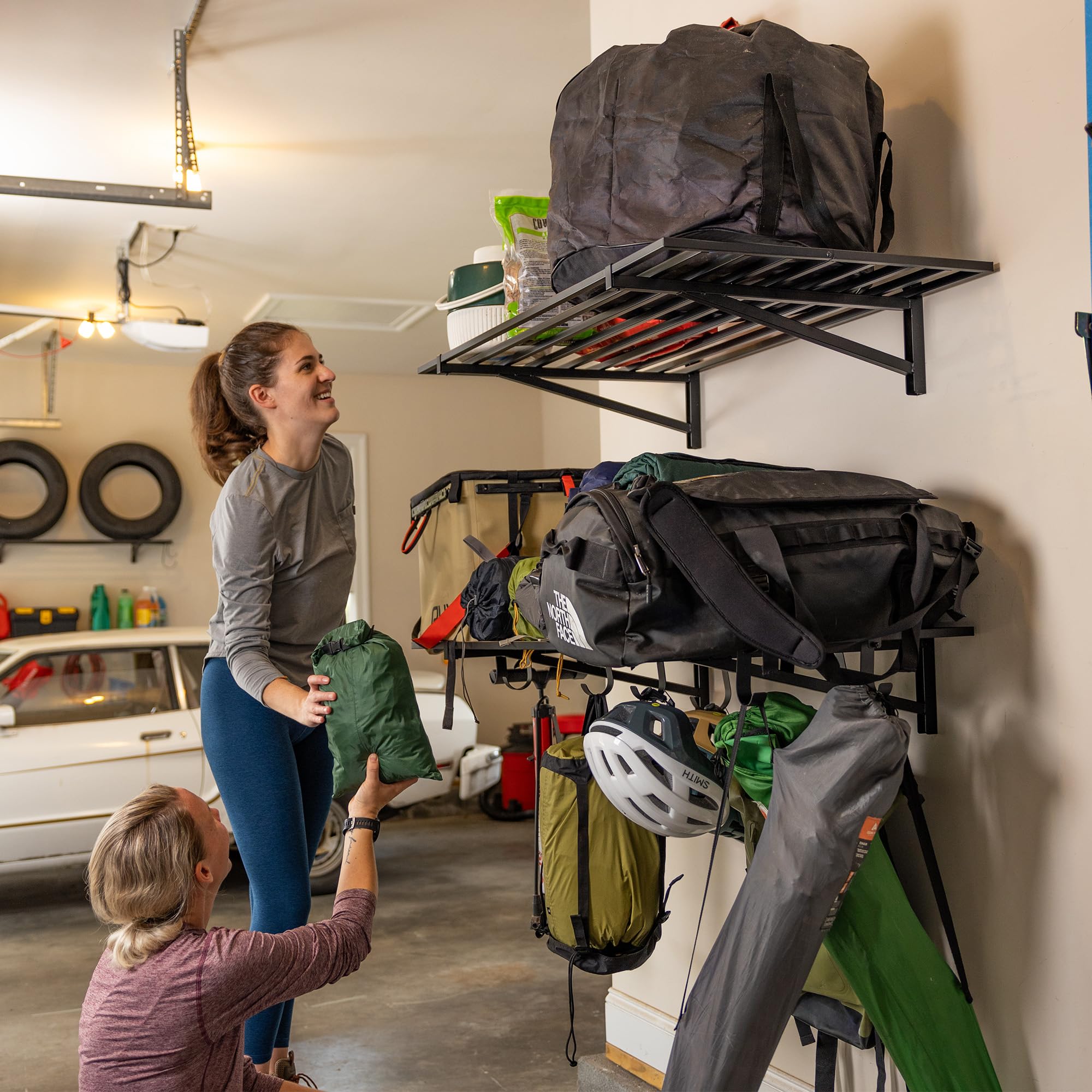 StoreYourBoard 2 Pack Heavy Duty Garage Wall Shelves - 2' x 4' Wall Mount Storage Shelf with Hooks, Holds 200 lbs Each - Perfect for Bike, Ladder, Tool & Sports Equipment Organization