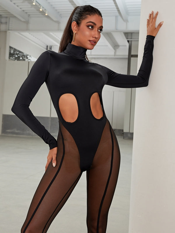 ZASUWA Women's Sexy Cutout Mesh Zipper Bodysuit Jumpsuit - Clubwear, Night Out, Party Outfit, Halloween Costume