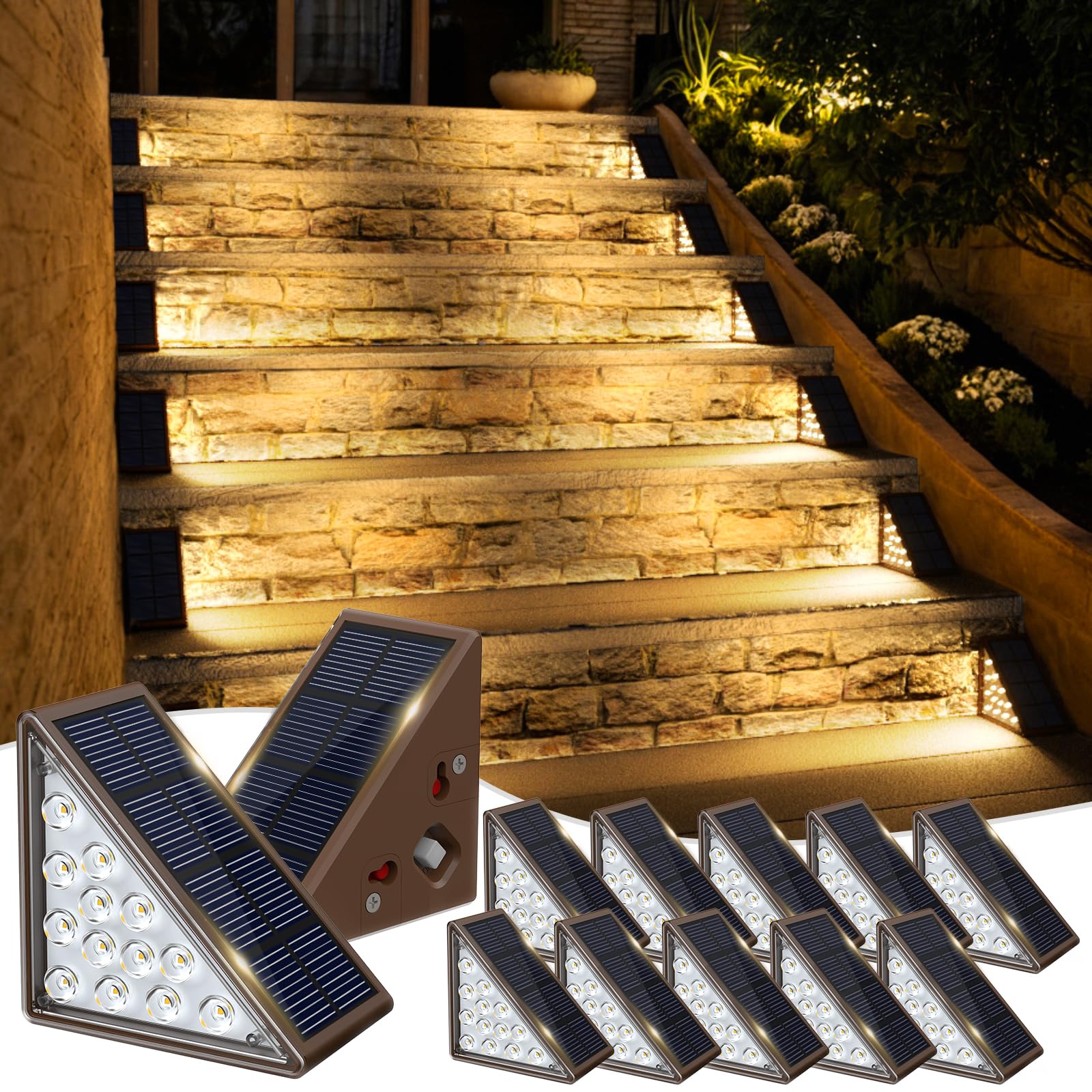 12 Pack Solar Step Lights for Outdoor Stairs - Waterproof IP67 Solar Deck Lights for Staircase, Patio, Front Steps (Warm Brown) | Perfect for Pathway, Garden, and Driveway Lighting at Night