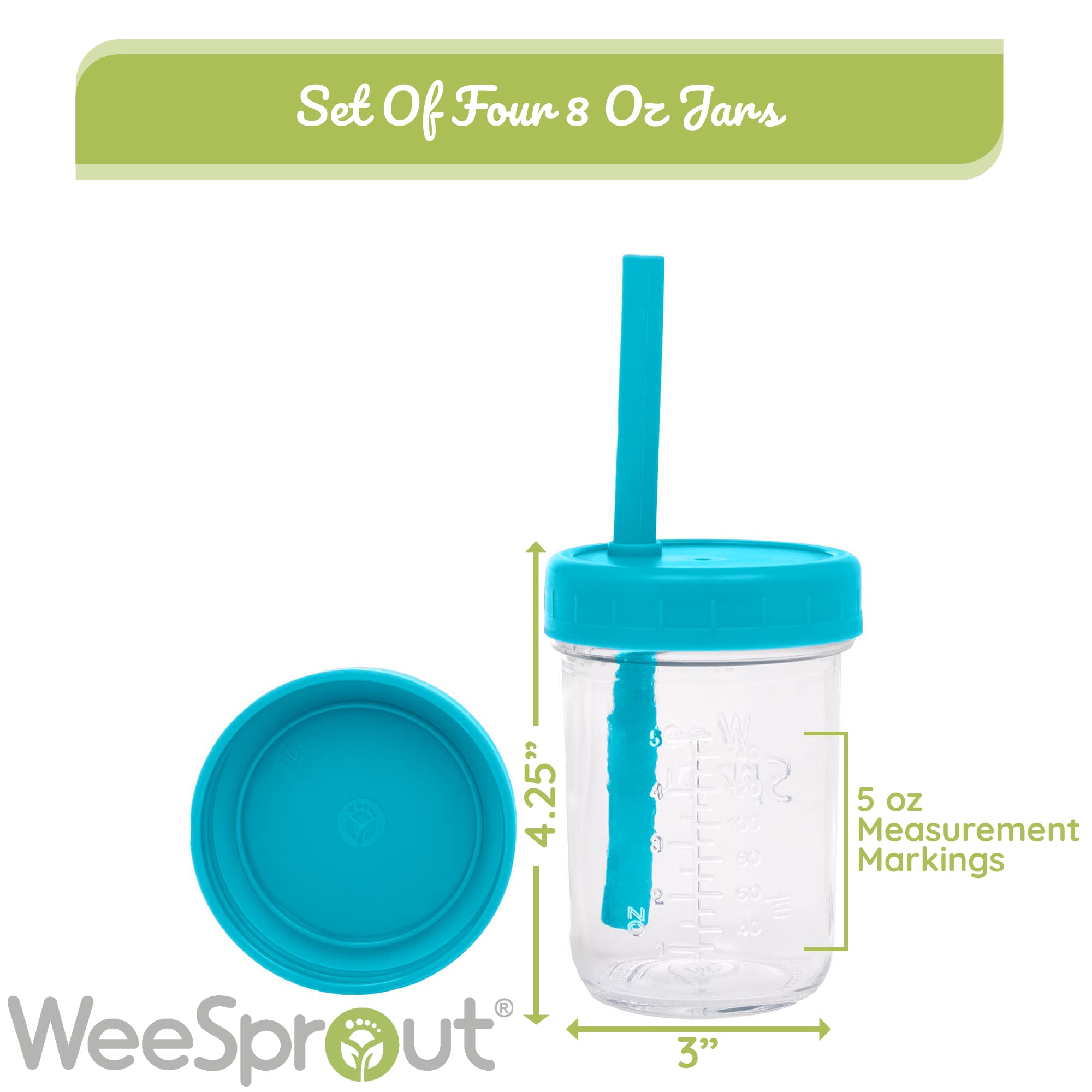 WeeSprout Glass Cups with Lids & Straws - Spill-Proof 12oz Toddler Cups for Kids | BPA-Free Baby Food Storage & Snack Containers | Includes XL Silicone Straws & Non-Slip Sleeves | 4-Pack Dishwasher Safe Cups for Smoothies, Milk, Juice & Snacks