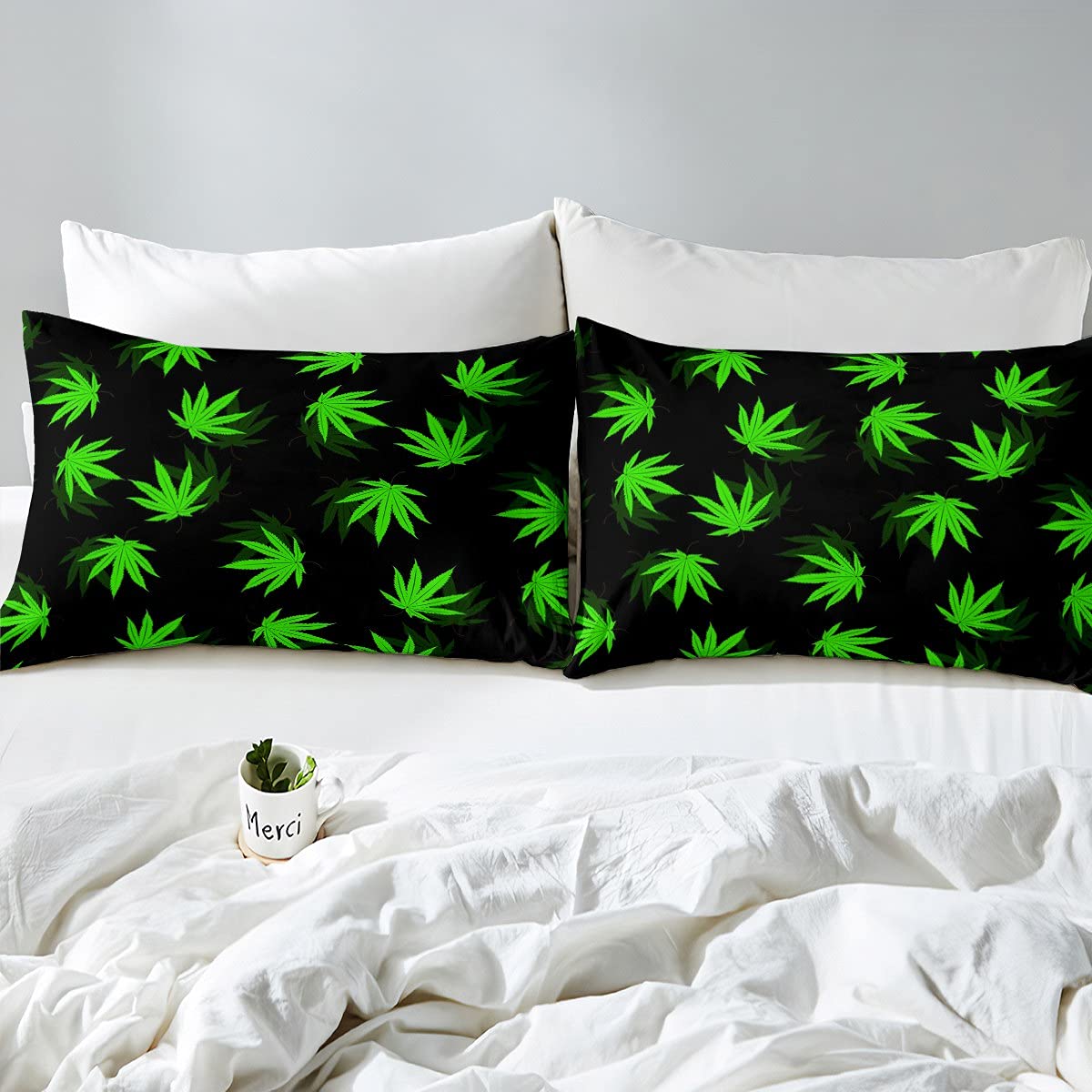**Premium Cannabis Leaf Bed Sheet Set - Full Size with Fitted Sheet, Top Sheet & 2 Pillowcases - Exotic Trippy Weed Leaf Design for Kids, Teens & Adults - Deep Pocket Green Botanical Bedding for Home, Dorm or Gift**