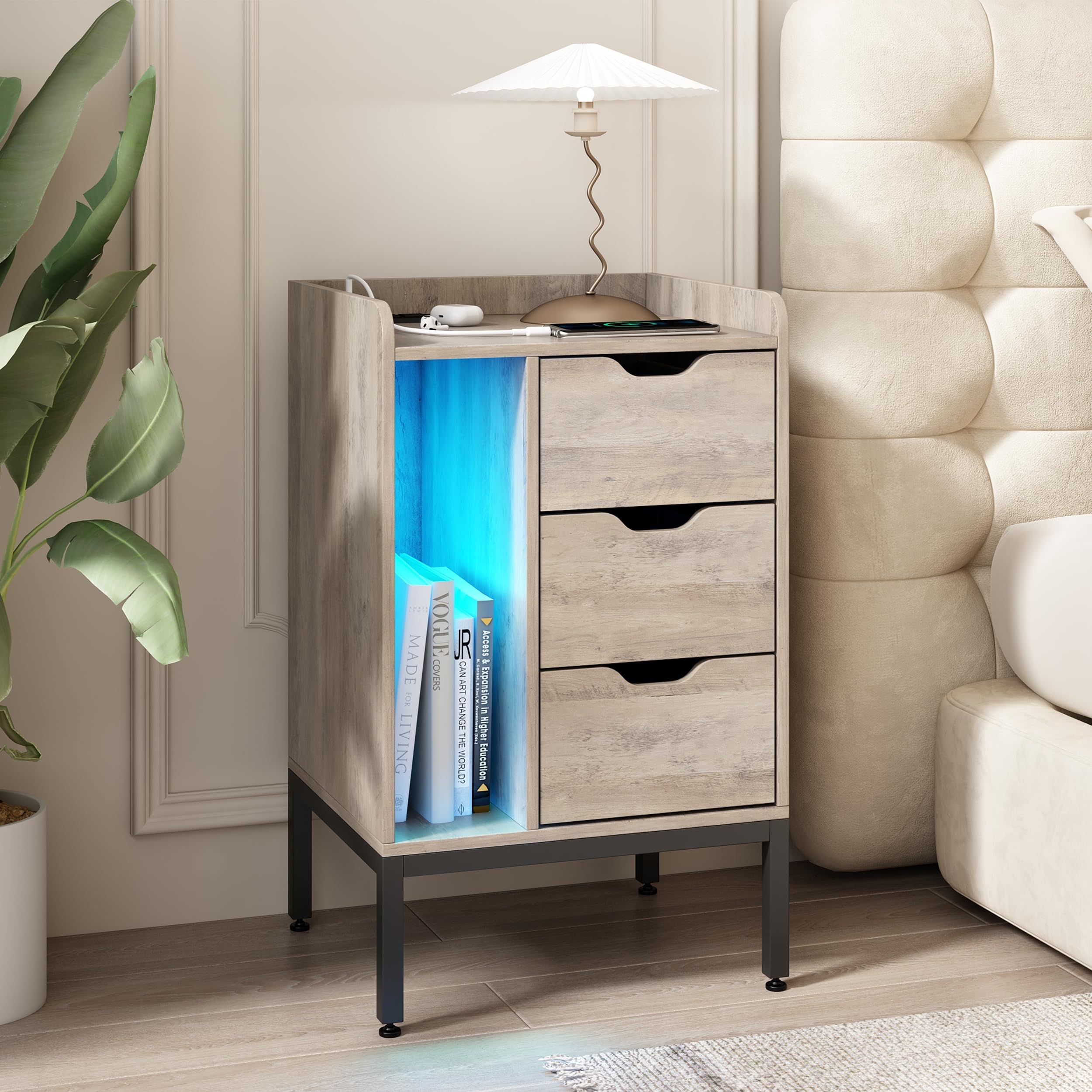 Modern Grey Nightstand with Charging Station, LED Lights & 3 Drawers - USB Outlet End Table for Bedroom & Living Room | Perfect for Small Spaces, Apartment Furniture & Nighttime Charging Convenience