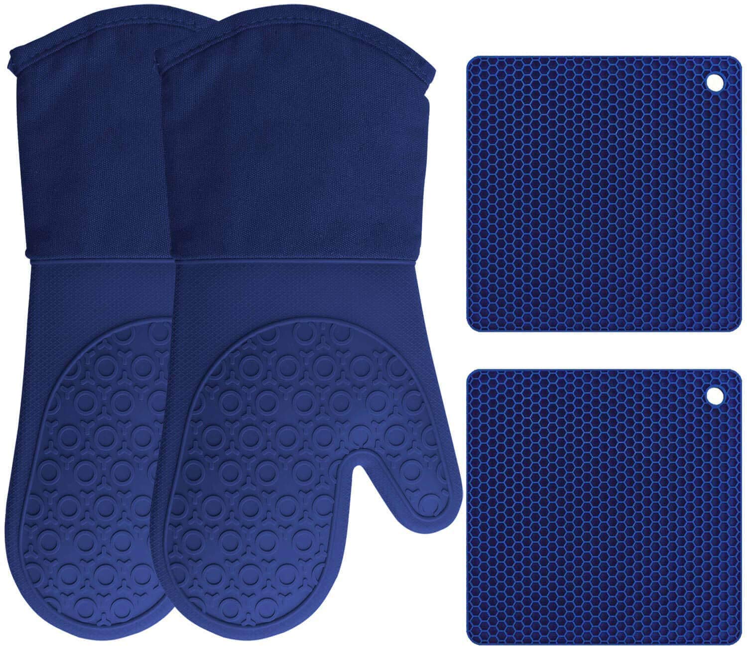 BPA-Free Soft Silicone 4-Piece Oven Mitts & Trivets Set - Heat Resistant Kitchen Gloves with Thick Cotton Liner - Non-Slip Pot Holders for Baking, Grilling, and Cooking - Royal Blue - Perfect for Oven, Stovetop, and BBQ Use