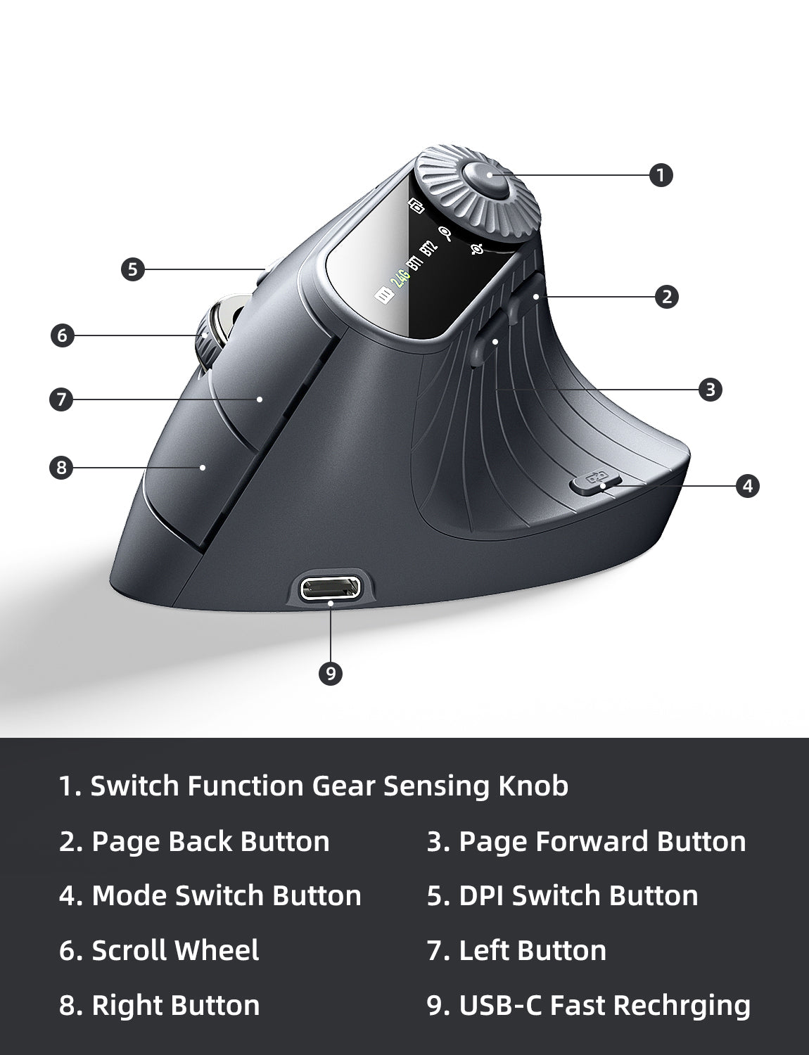 ONIKUMA CW932 Wireless Vertical Ergonomic Mouse - Rechargeable 2.4GHz Optical Gaming Mouse with 2400 DPI for PC, Laptop, Office & Home Use - Comfortable for Long Hours of Work & Gaming