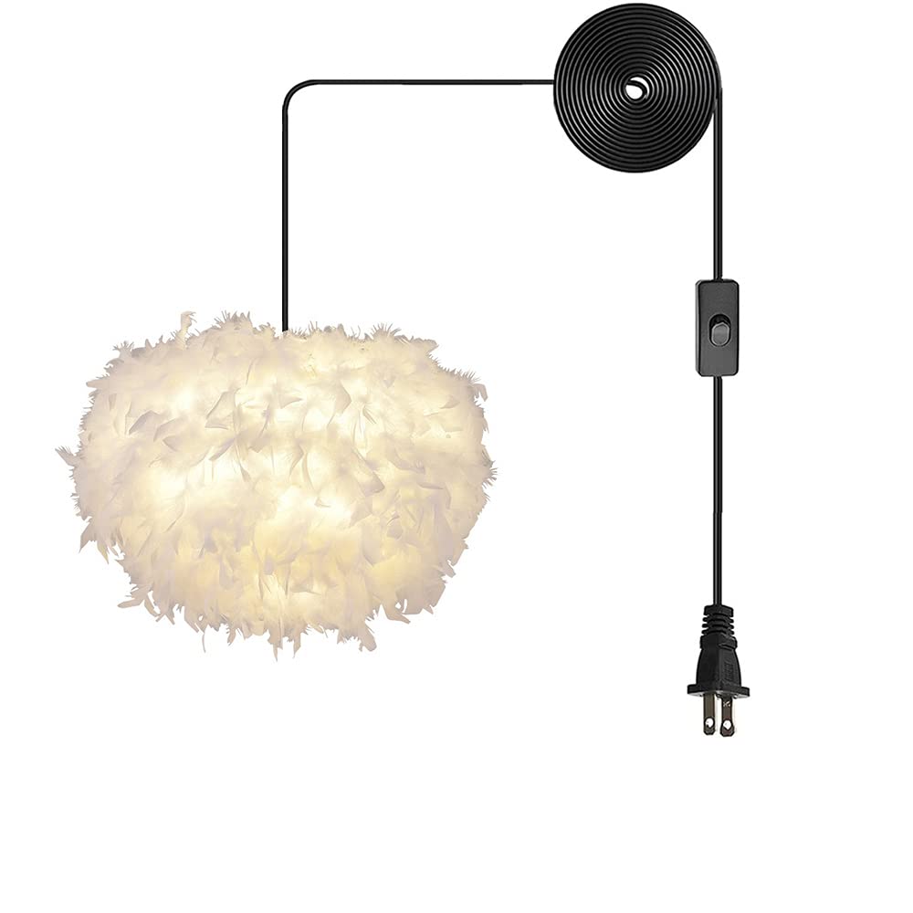 Hand-Woven White Feather Pendant Light with Plug-in Cord - Modern Hanging Ceiling Lamp for Bedroom, Living Room & Dining Room | Soft Ambient Lighting for Cozy Home Decor