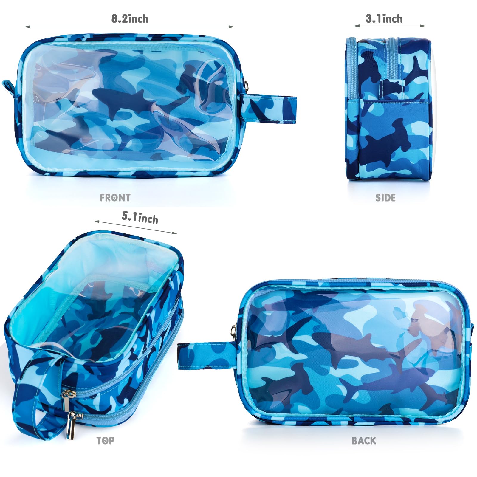 Shark Themed Kids Toiletry Bag for Boys - Waterproof Hanging Travel Cosmetic Organizer with Clear Window | Perfect for Toddler Travel, Camping & Sleepovers (Blue)
