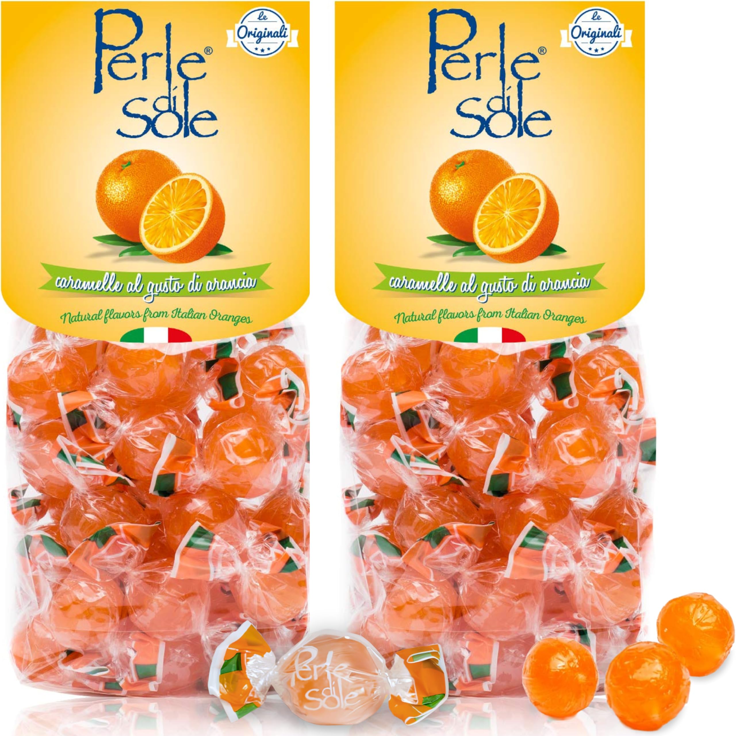 Perle di Sole Italian Orange Hard Candy - Individually Wrapped Fizzy Orange Drops - Made in Italy - 2 Pack (7.05 oz | 200 g) - Perfect for Parties, Gifts & Office Snacks